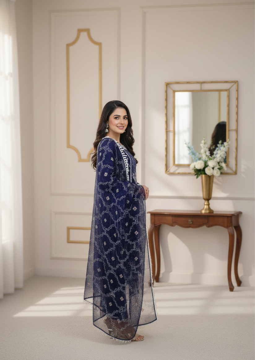 RAQS E NAAZ|3-PIECE BAJRA FABRIC EMBROIDERED KURTA SET MMG-1060