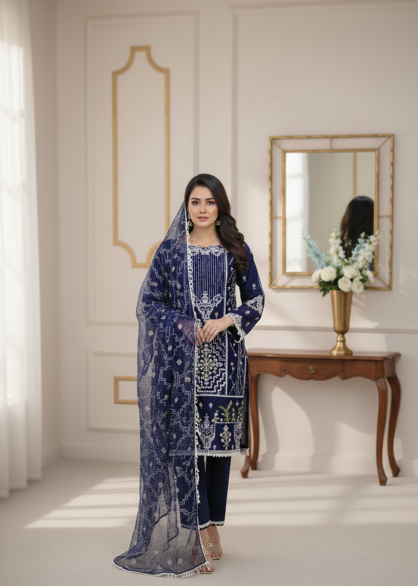 RAQS E NAAZ|3-PIECE BAJRA FABRIC EMBROIDERED KURTA SET MMG-1060