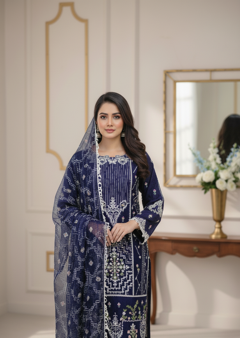 RAQS E NAAZ|3-PIECE BAJRA FABRIC EMBROIDERED KURTA SET MMG-1060