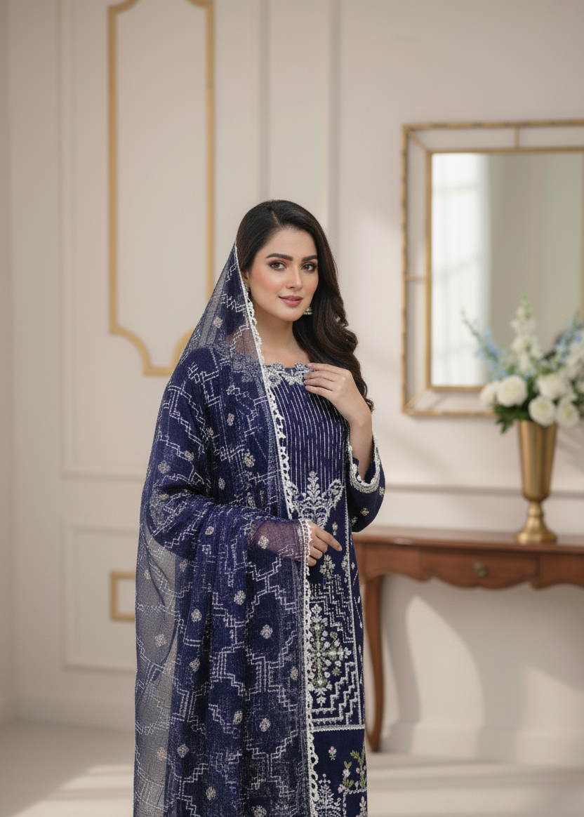 RAQS E NAAZ|3-PIECE BAJRA FABRIC EMBROIDERED KURTA SET MMG-1060