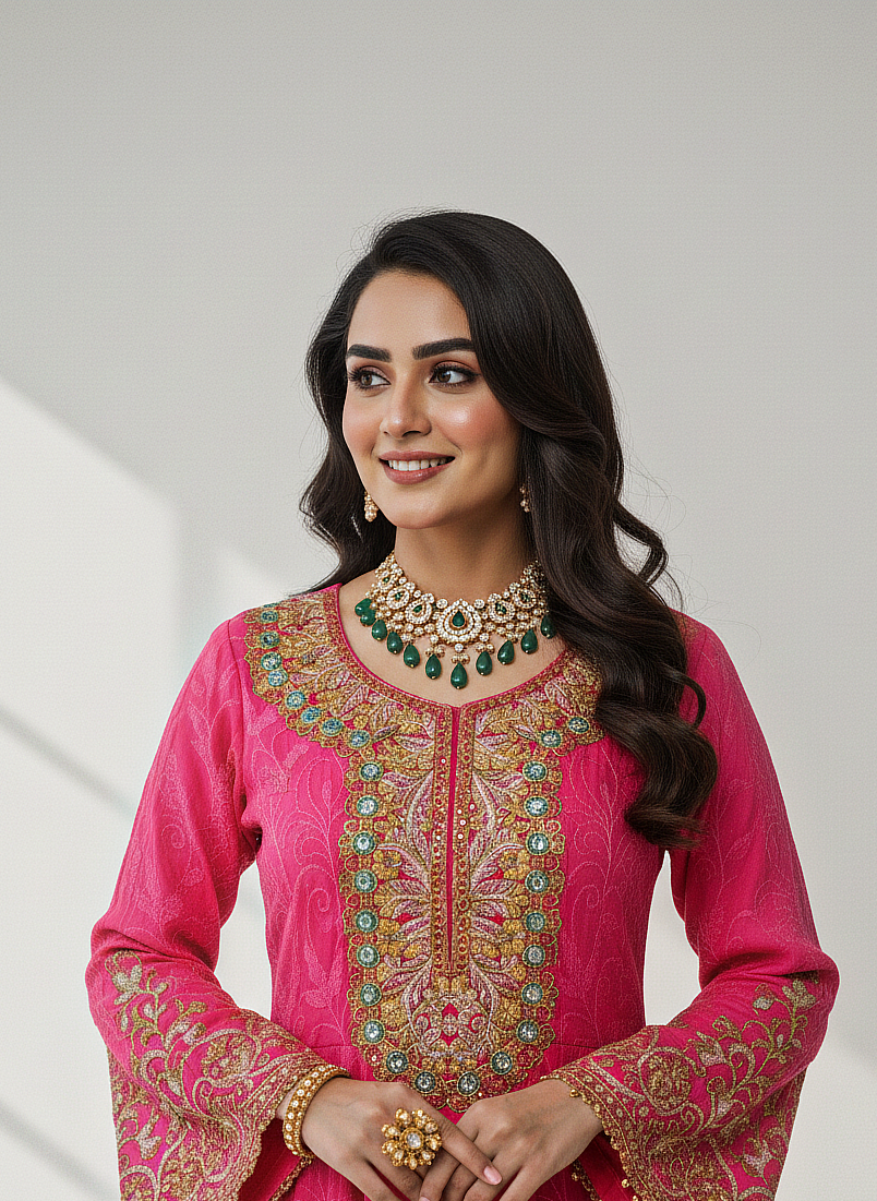 AMIRA|3-PIECE CHIFFON EMBROIDERED FROCK PINK MMG-844