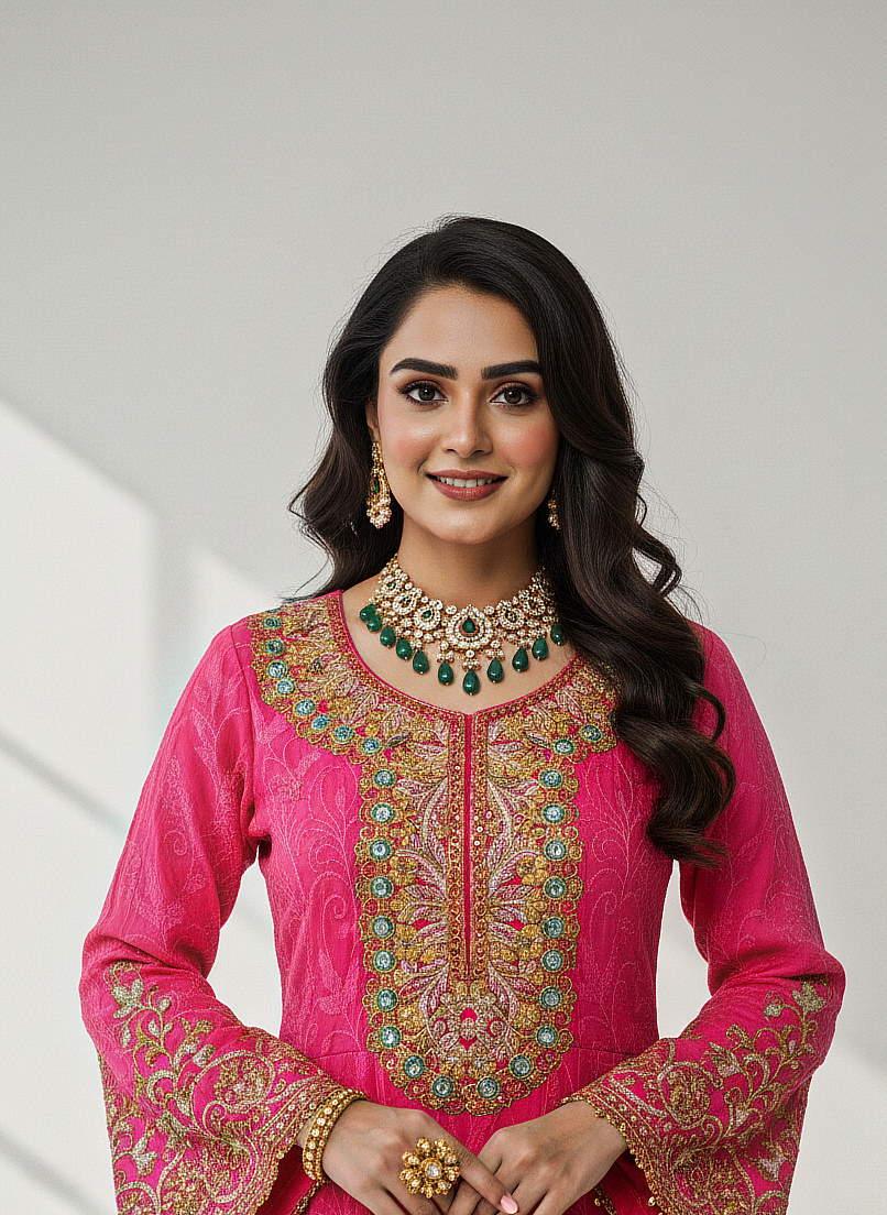 AMIRA|3-PIECE CHIFFON EMBROIDERED FROCK PINK MMG-844
