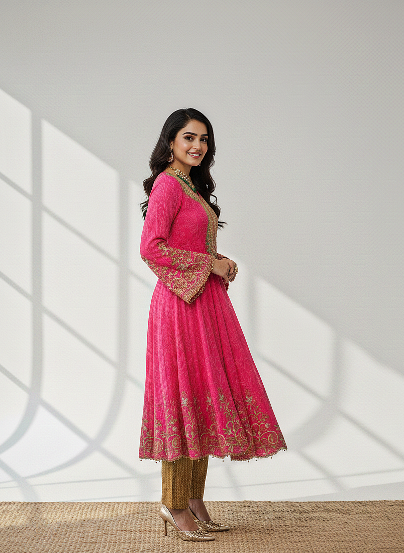 AMIRA|3-PIECE CHIFFON EMBROIDERED FROCK PINK MMG-844