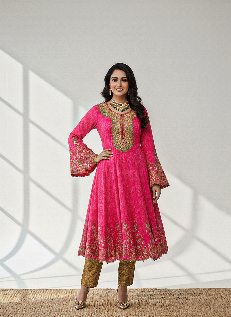 AMIRA|3-PIECE CHIFFON EMBROIDERED FROCK PINK MMG-844