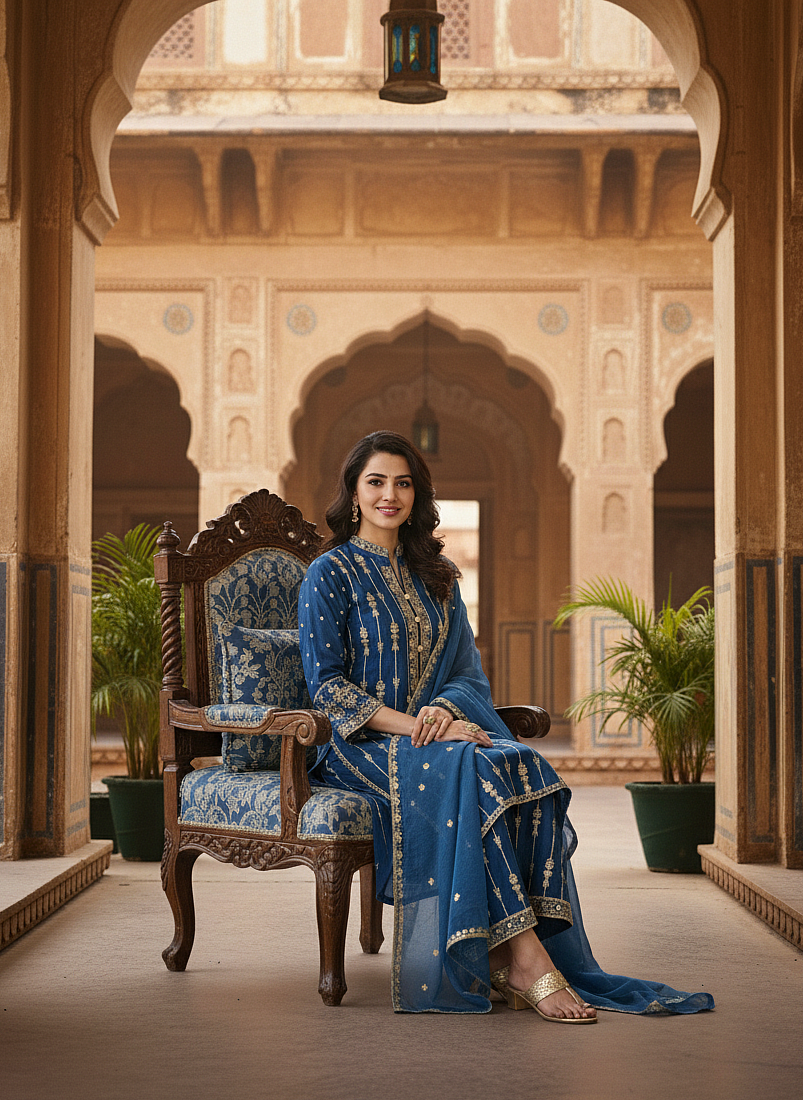 MAJESTIC WINTER ELEGANCE|3-PIECE KHADDAR EMBROIDERED SUIT PACIFIC BLUE MMG-814