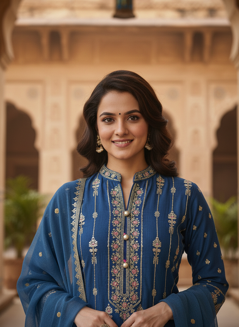 MAJESTIC WINTER ELEGANCE|3-PIECE KHADDAR EMBROIDERED SUIT PACIFIC BLUE MMG-814
