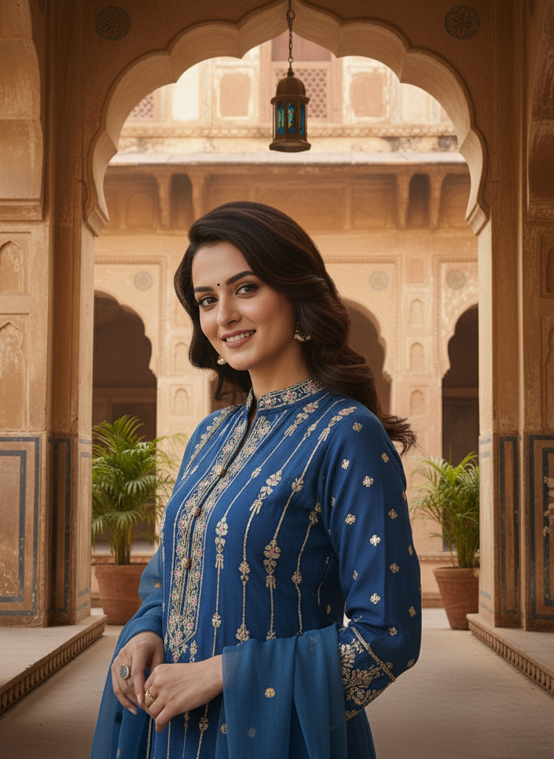 MAJESTIC WINTER ELEGANCE|3-PIECE KHADDAR EMBROIDERED SUIT PACIFIC BLUE MMG-814