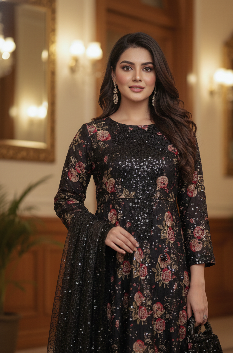 REGAL GLOW SEQUINE NET LONG MAXI WITH POTLI SET MMG-866