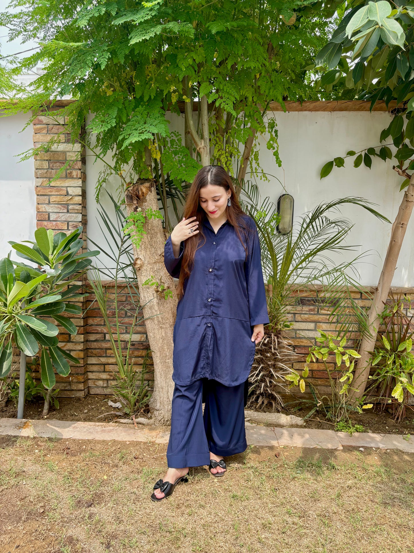 WOMEN'S 2-PIECE SET CREPE FABRIC|CASUAL FIT BACKTAIL SHIRT WITH BELL PENT
