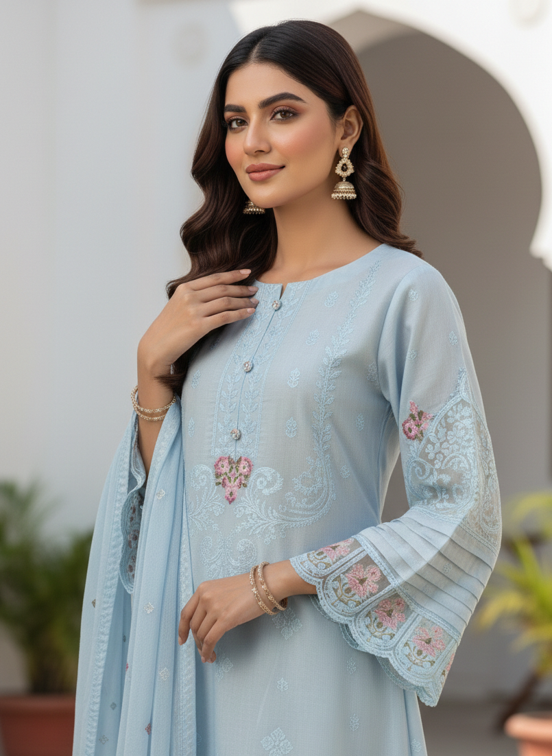 PURE COTTON SEQUINCE EMB FROCK SET MMG-1216