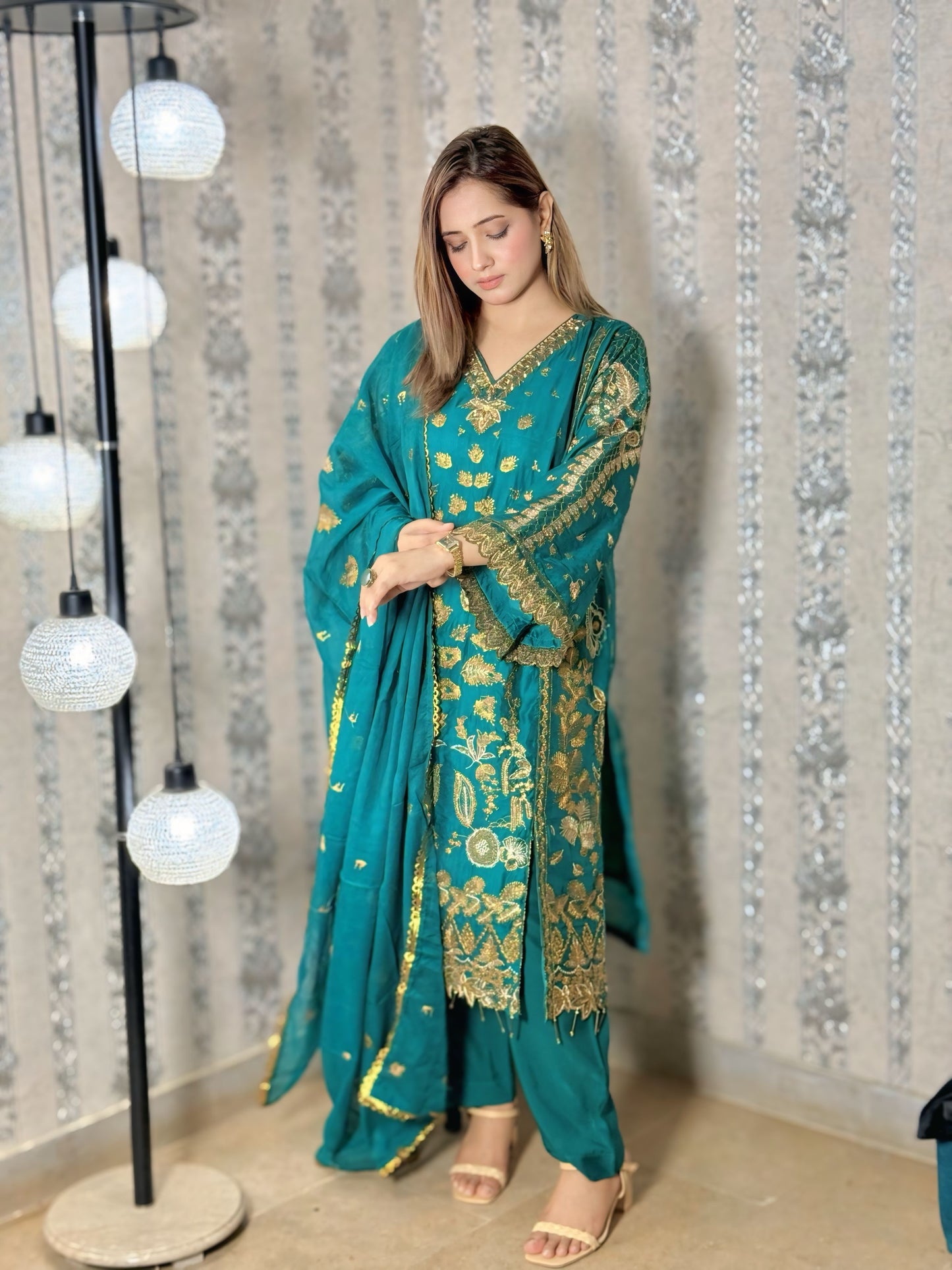 SHINE BRIGHT WITH MOONLIT Elegant 3-piece chiffon fabric hand-work with embroidered chiffon dupatta MMG-786
