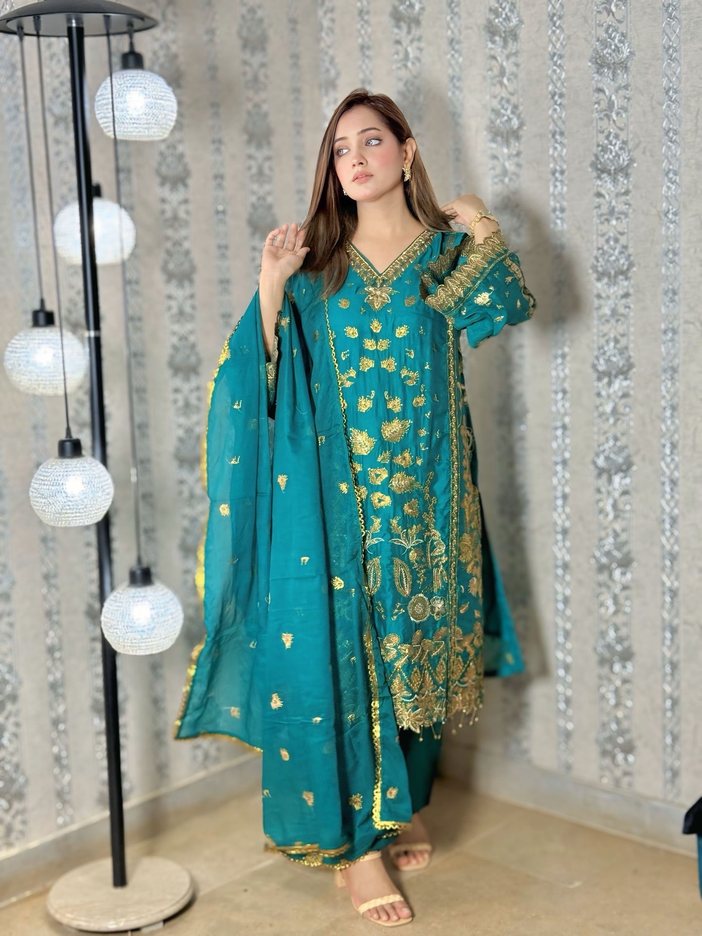 SHINE BRIGHT WITH MOONLIT Elegant 3-piece chiffon fabric hand-work with embroidered chiffon dupatta MMG-786