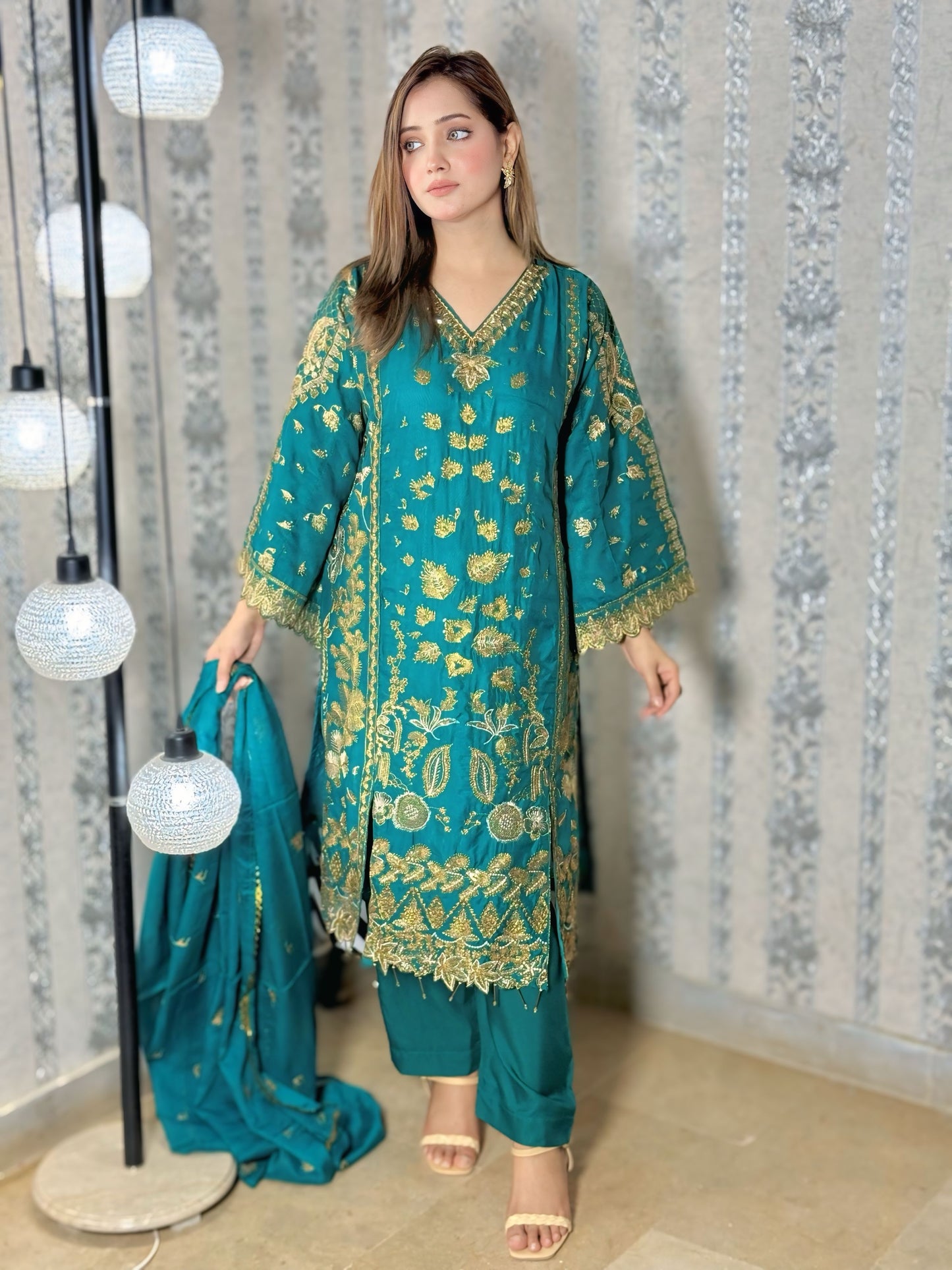 SHINE BRIGHT WITH MOONLIT Elegant 3-piece chiffon fabric hand-work with embroidered chiffon dupatta MMG-786