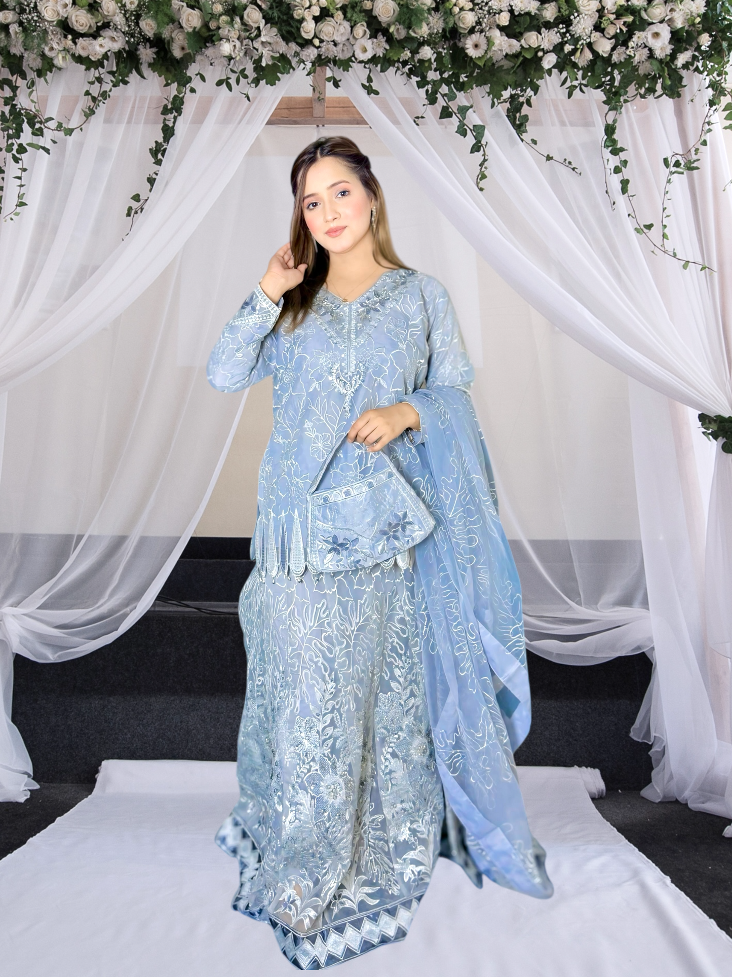 RANG-E-SAFAA|ORGANZA LEHNGA CHOLI|EMROIDERED NET DUPATTA |MMG-836