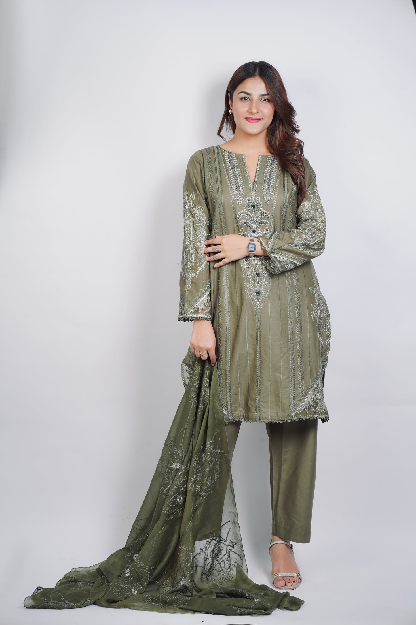 NOOR E NISHAT|3-PIECE PURE COTTON EMBROIDERED SHIRT HANDWORK WITH BACK BUNCH|PLAIN TROUSER|CHIFFON EMBROIDERED DUPATTA MMG-22