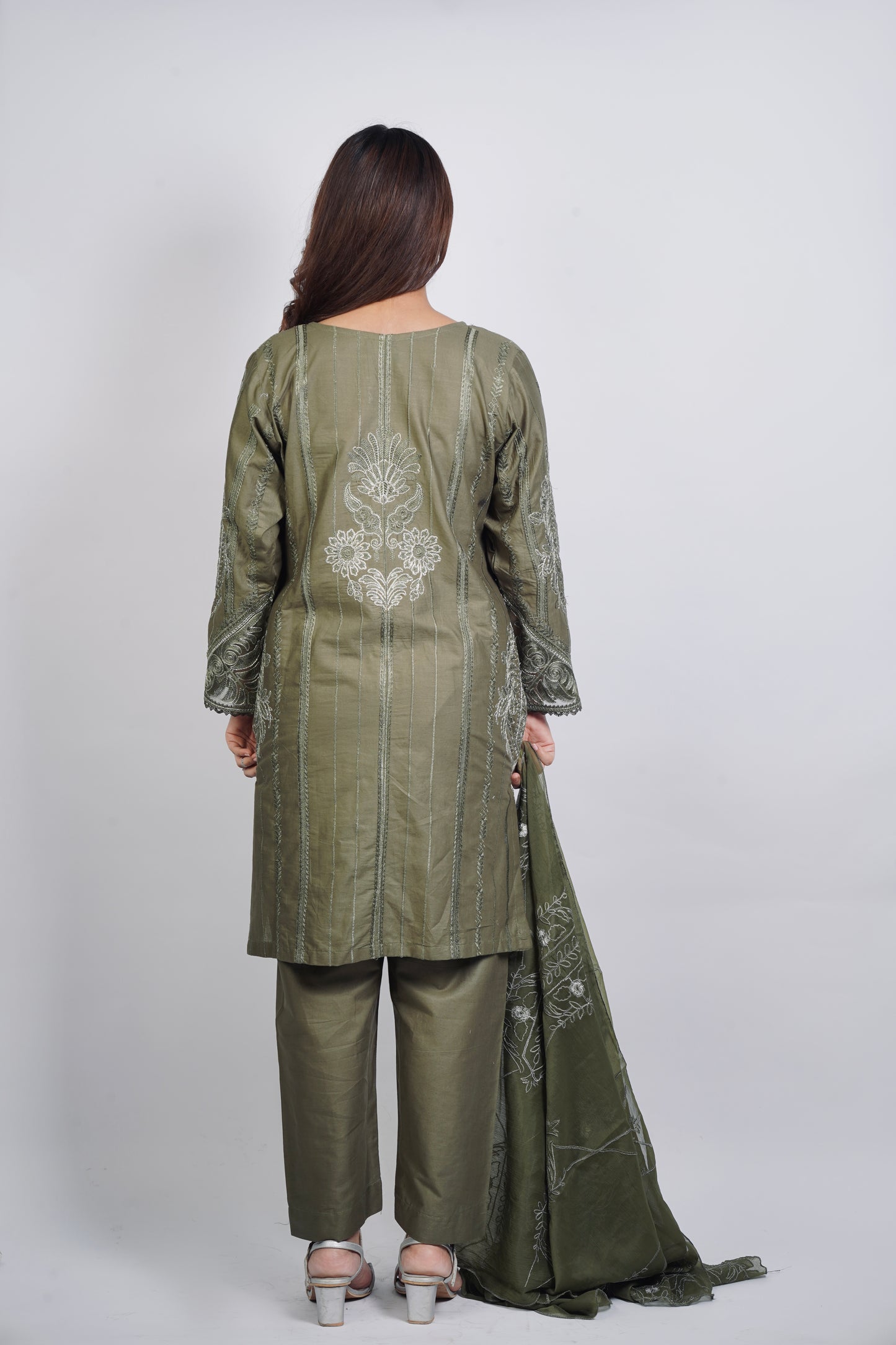 NOOR E NISHAT|3-PIECE PURE COTTON EMBROIDERED SHIRT HANDWORK WITH BACK BUNCH|PLAIN TROUSER|CHIFFON EMBROIDERED DUPATTA MMG-22