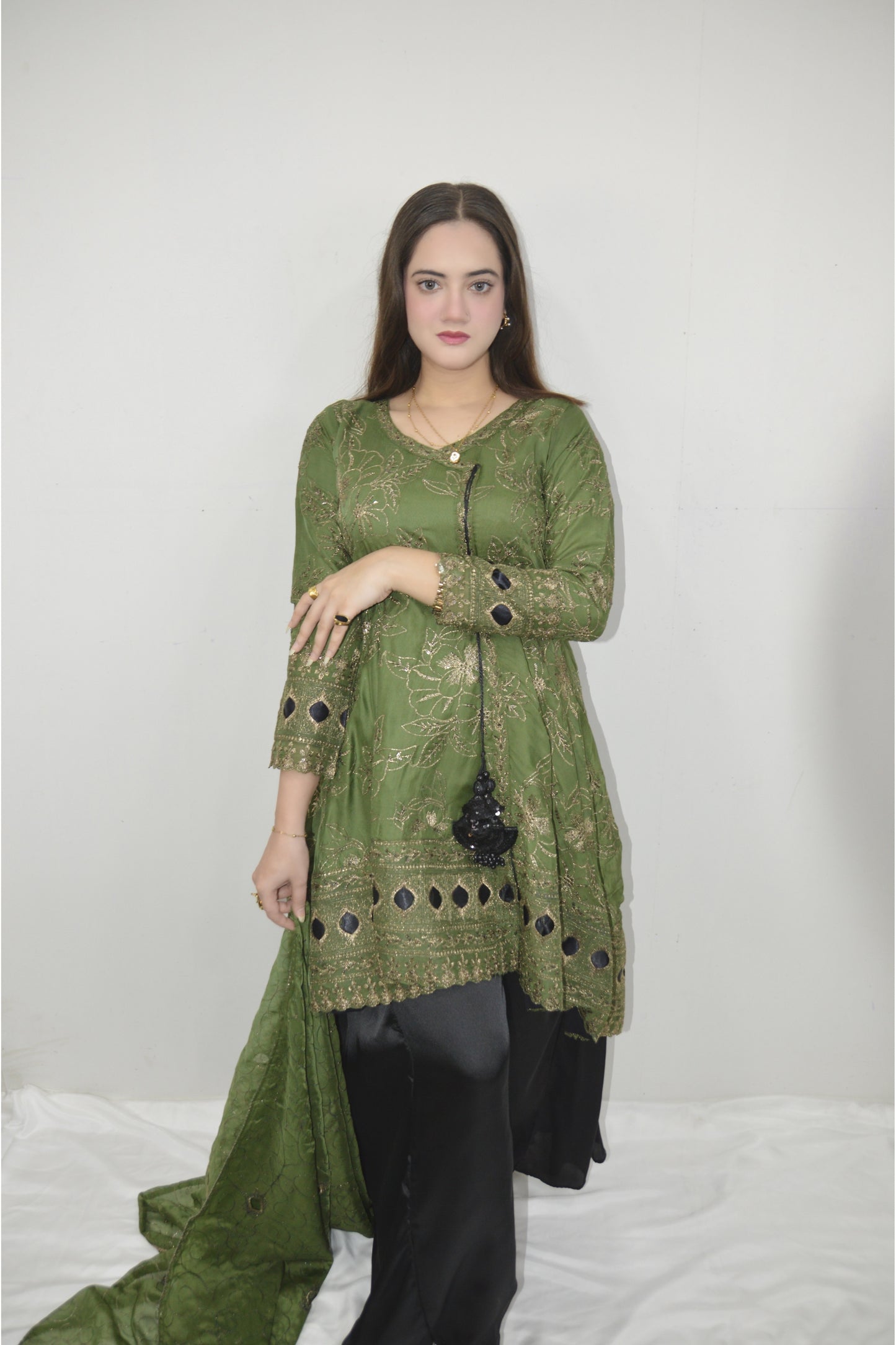 MEHRUNNISA|3-PIECE CHIFFON BACKTAIL EMBROIDERED FROCKWITH SEQUENCE WORK|SILK SHELLER BOTTOM|CHIFFON EMBROIDERED DUPATTA MMG-1006