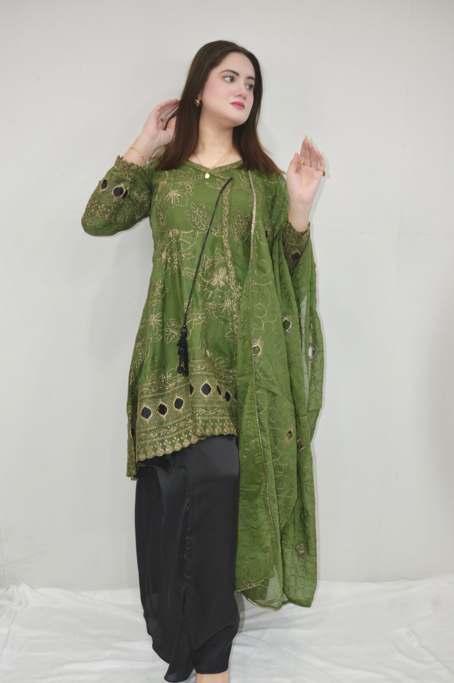 MEHRUNNISA|3-PIECE CHIFFON BACKTAIL EMBROIDERED FROCKWITH SEQUENCE WORK|SILK SHELLER BOTTOM|CHIFFON EMBROIDERED DUPATTA MMG-1006