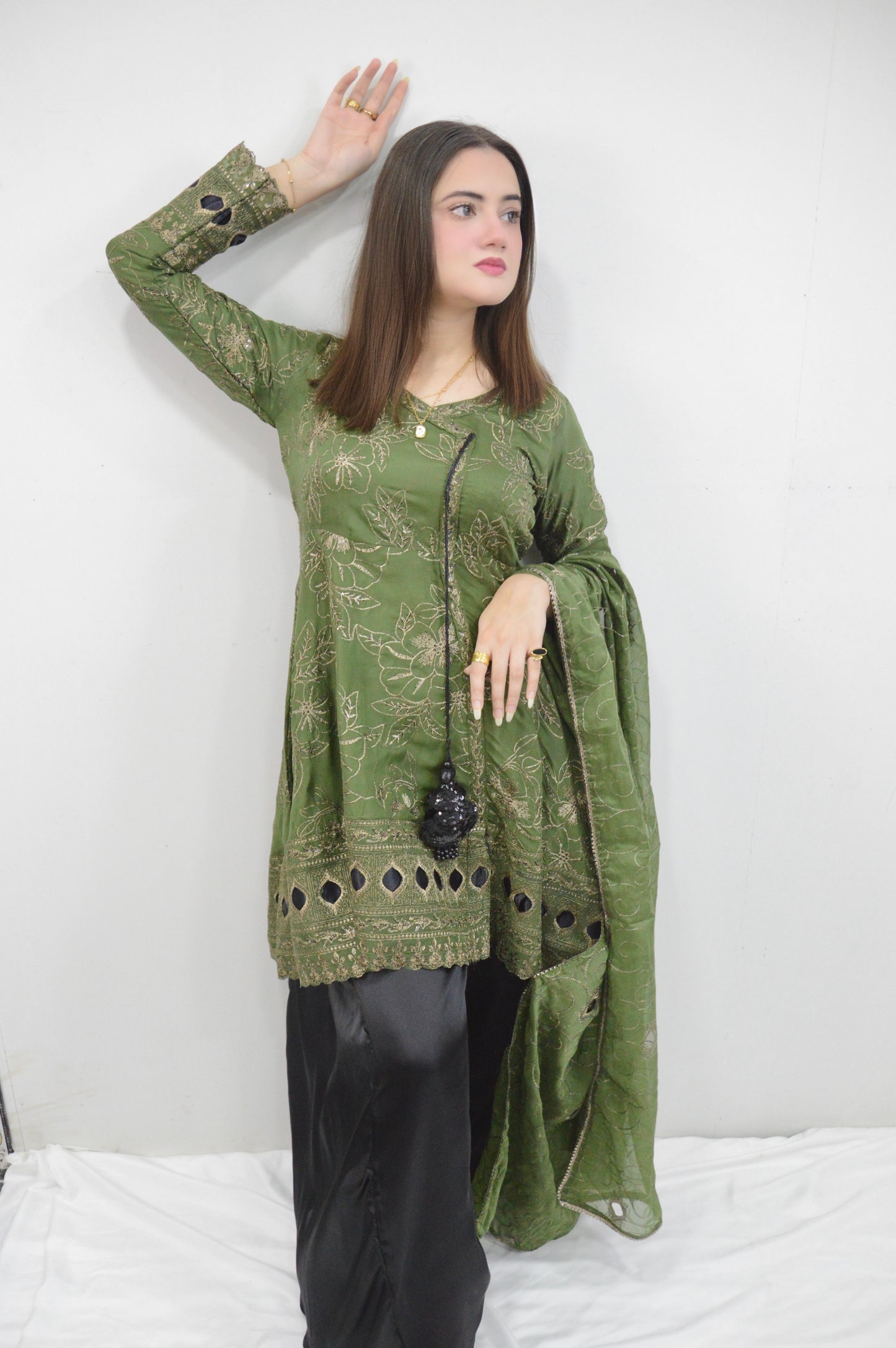 MEHRUNNISA|3-PIECE CHIFFON BACKTAIL EMBROIDERED FROCKWITH SEQUENCE WORK|SILK SHELLER BOTTOM|CHIFFON EMBROIDERED DUPATTA MMG-1006
