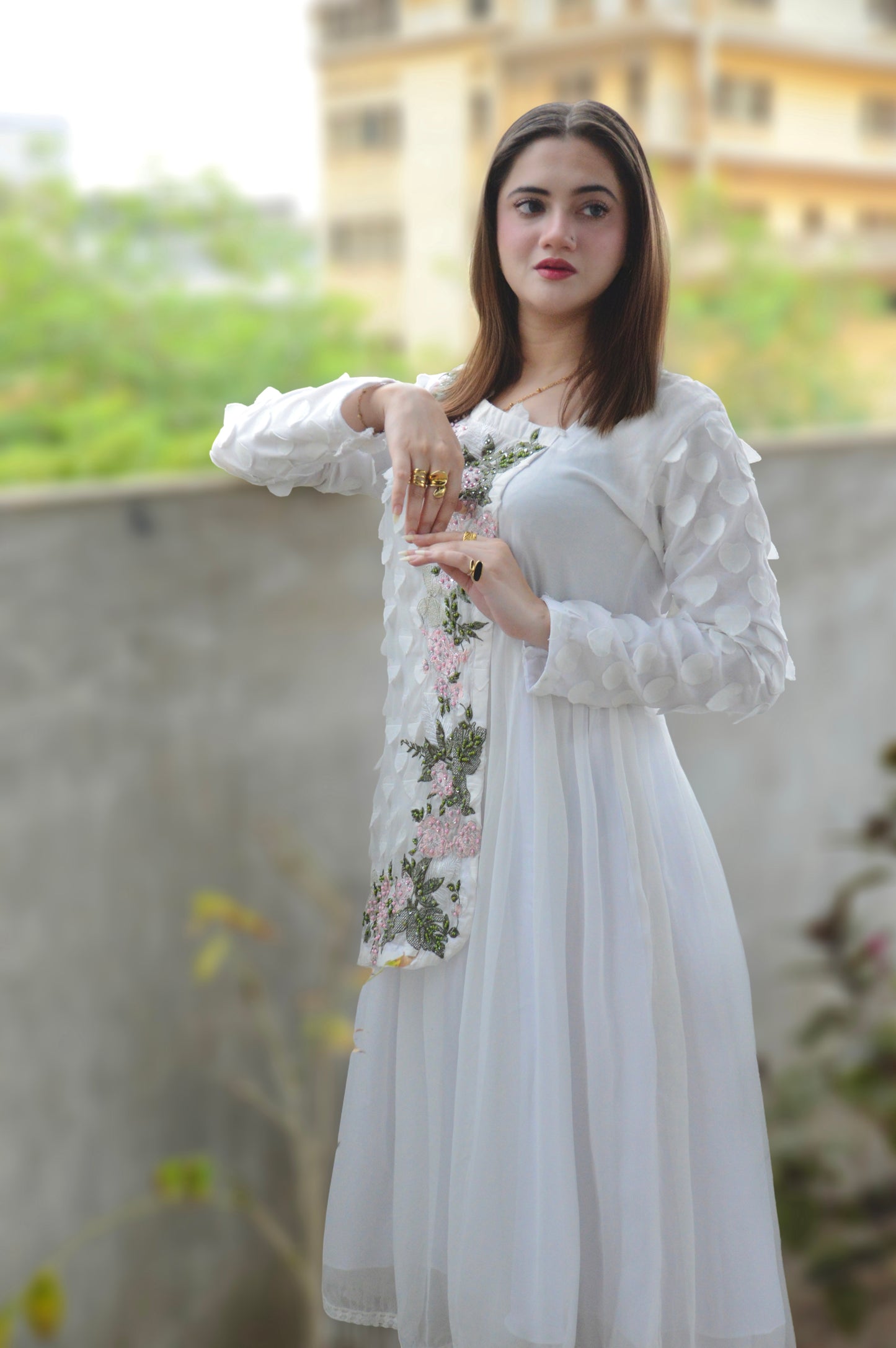 ROYAL WHISPER|LONG LENGTH MAXI WITH APPLIQUE & HAND EMBELLISHMENTS|TROUSER WITH STITCHING PATTERN|SOFT CHIFFON DUPATTA WITH LACE DETAILING MMG-1002