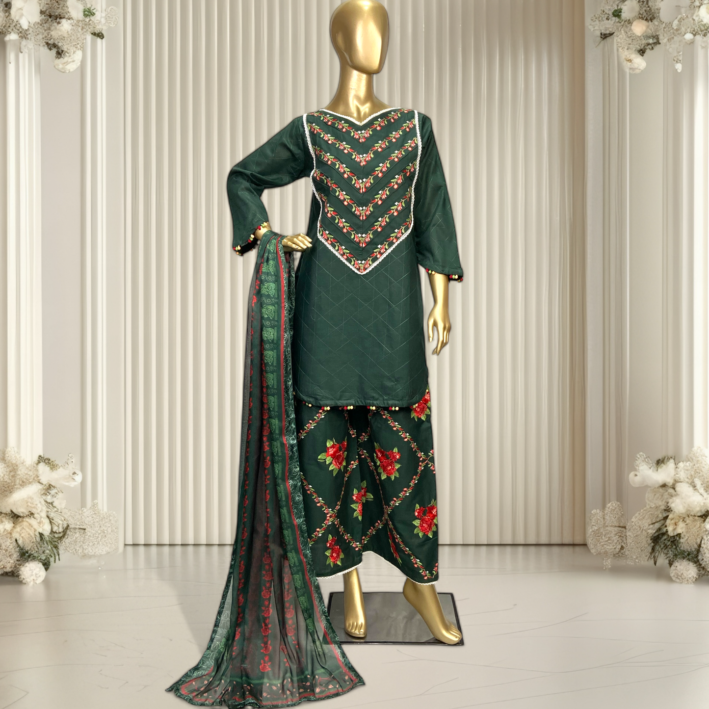 Graceful Cotton 3-Piece Suit with Printed Silk Dupatta MMG-16