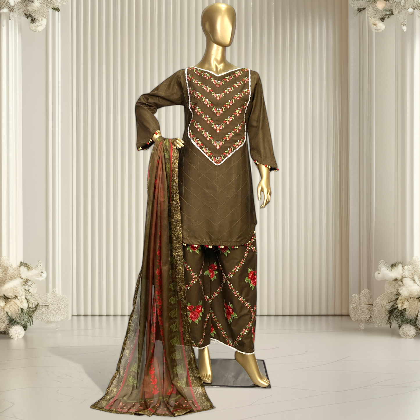 Graceful Cotton 3-Piece Suit with Printed Silk Dupatta MMG-16