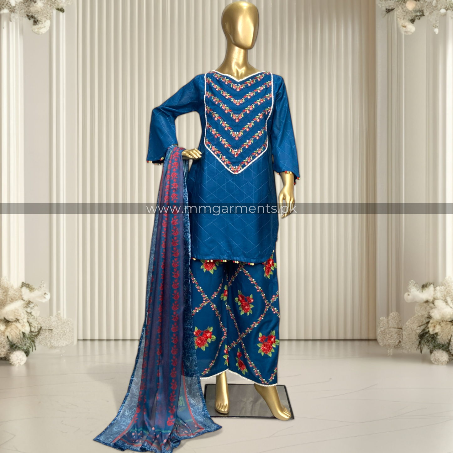 Graceful Cotton 3-Piece Suit with Printed Silk Dupatta MMG-16