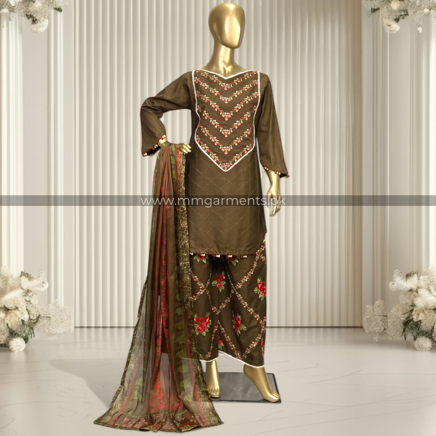 Graceful Cotton 3-Piece Suit with Printed Silk Dupatta MMG-16