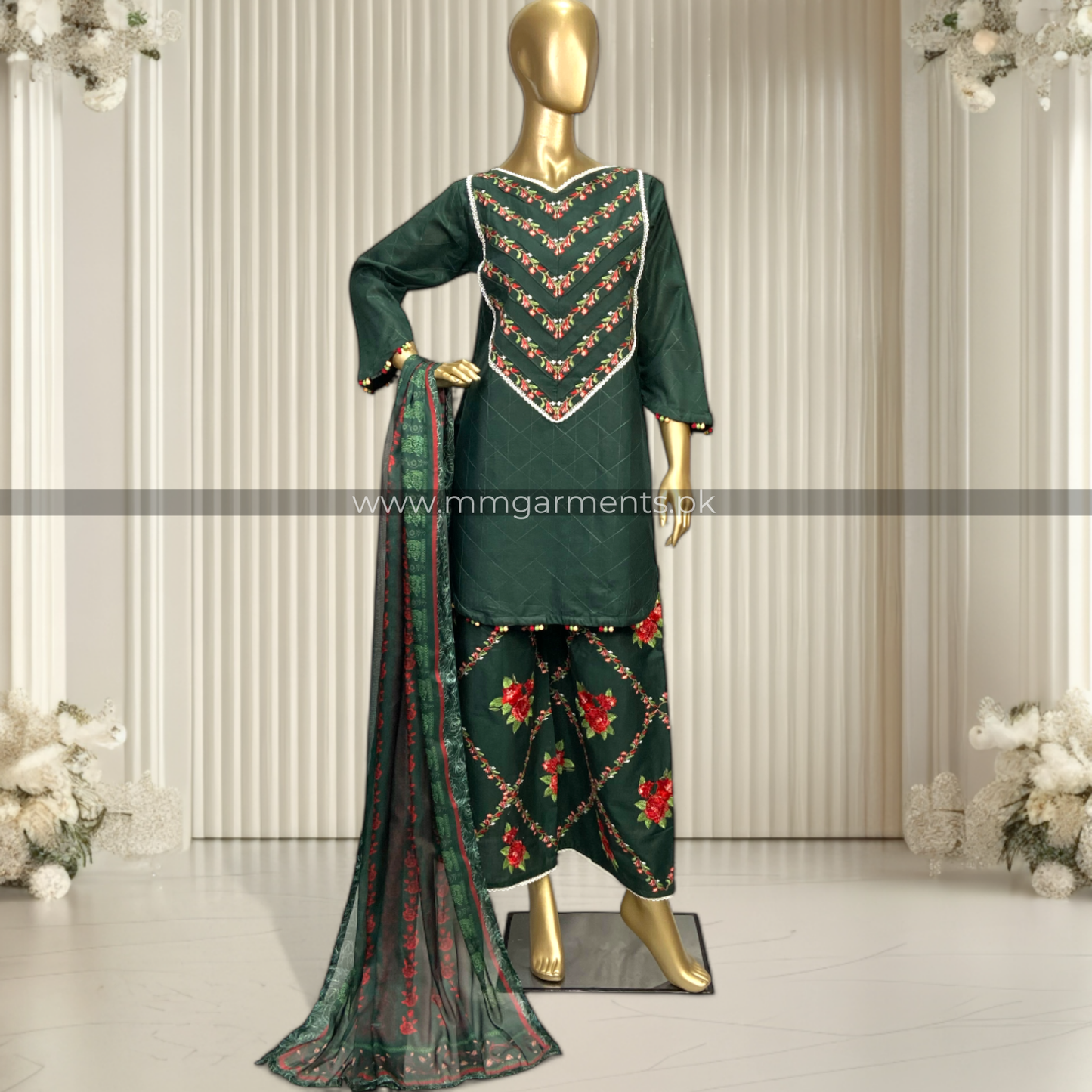 Graceful Cotton 3-Piece Suit with Printed Silk Dupatta MMG-16