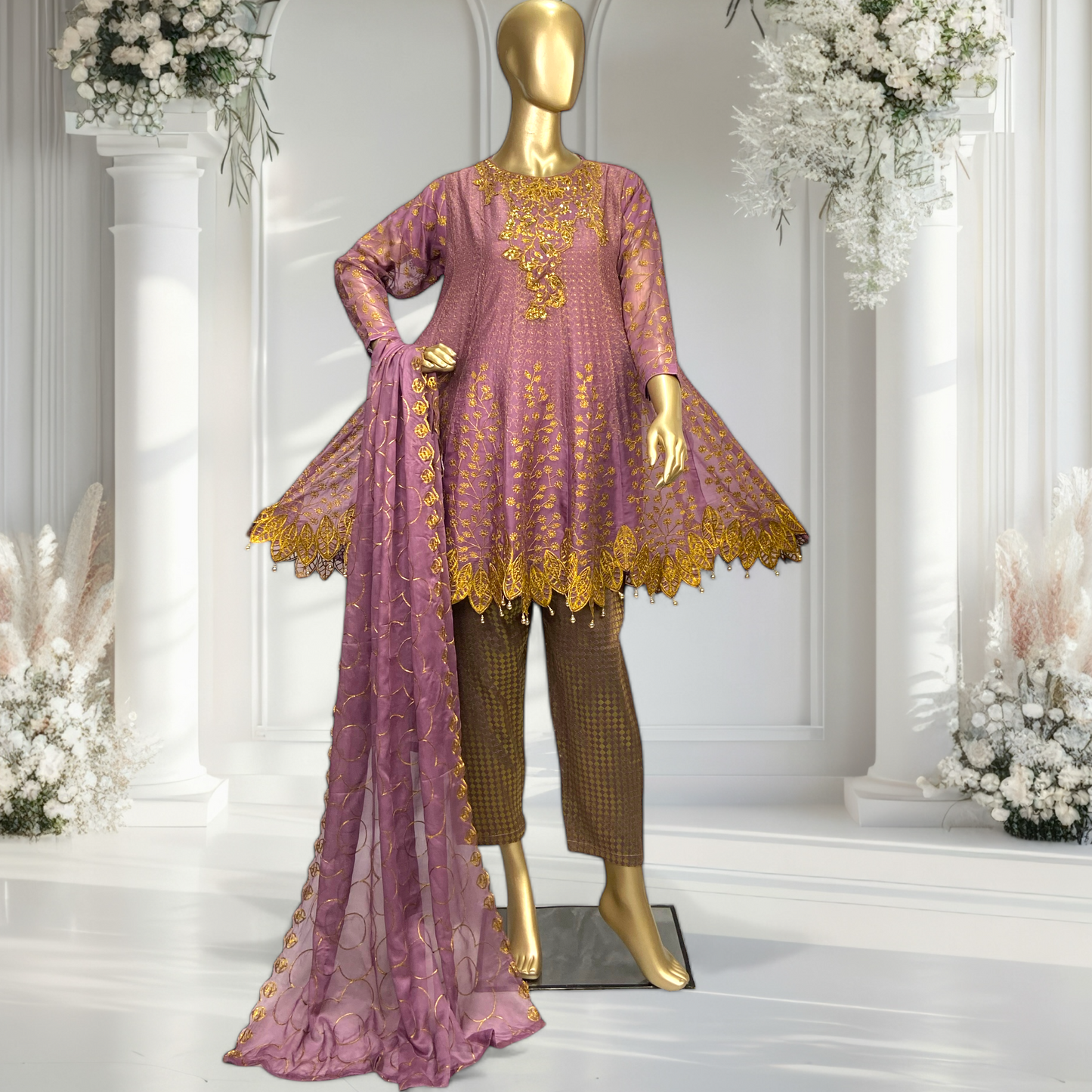 Exquisite 3 piece Chiffon Shirt with Banarsi Trousers & Chiffon Dupatta MMG-758