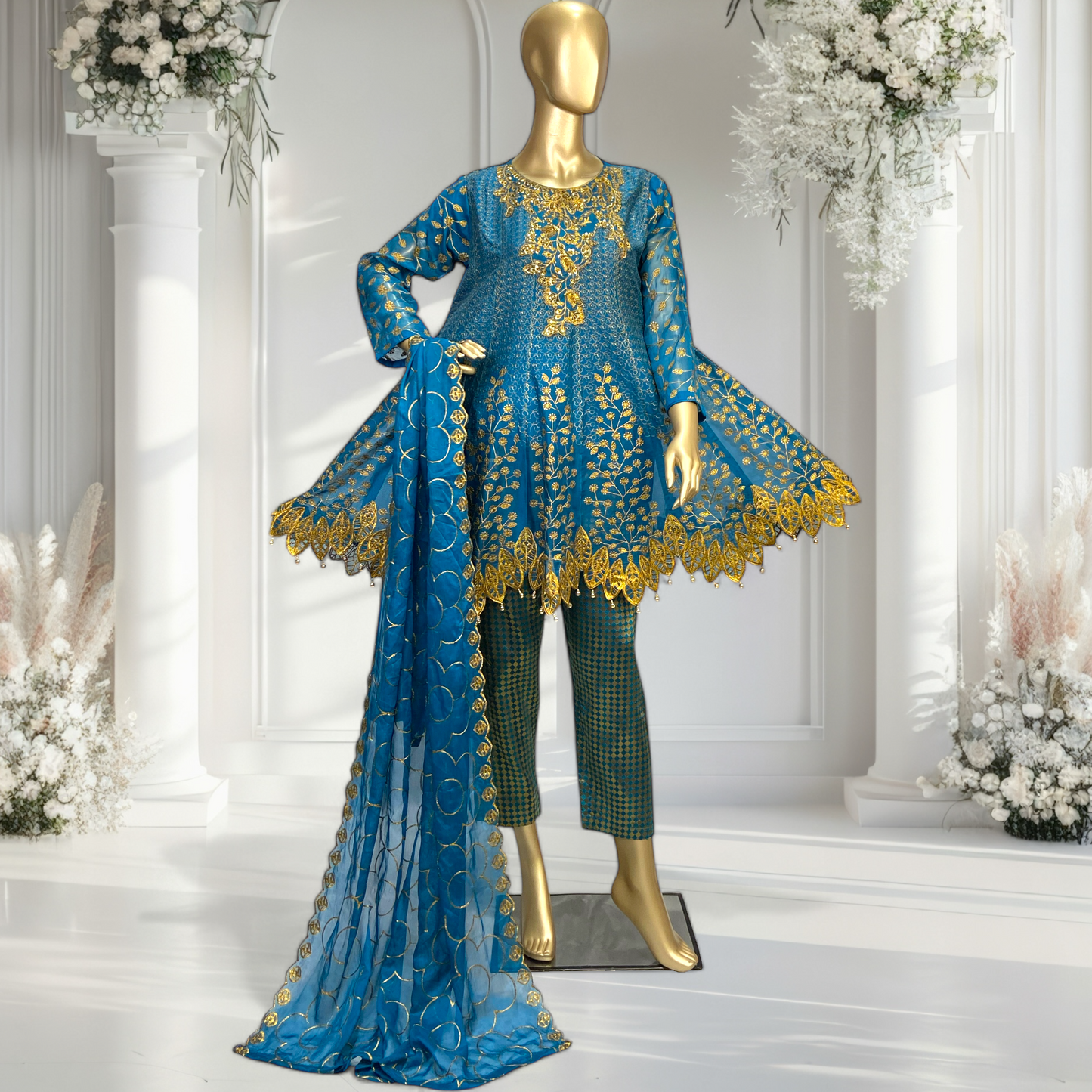 Exquisite 3 piece Chiffon Shirt with Banarsi Trousers & Chiffon Dupatta MMG-758