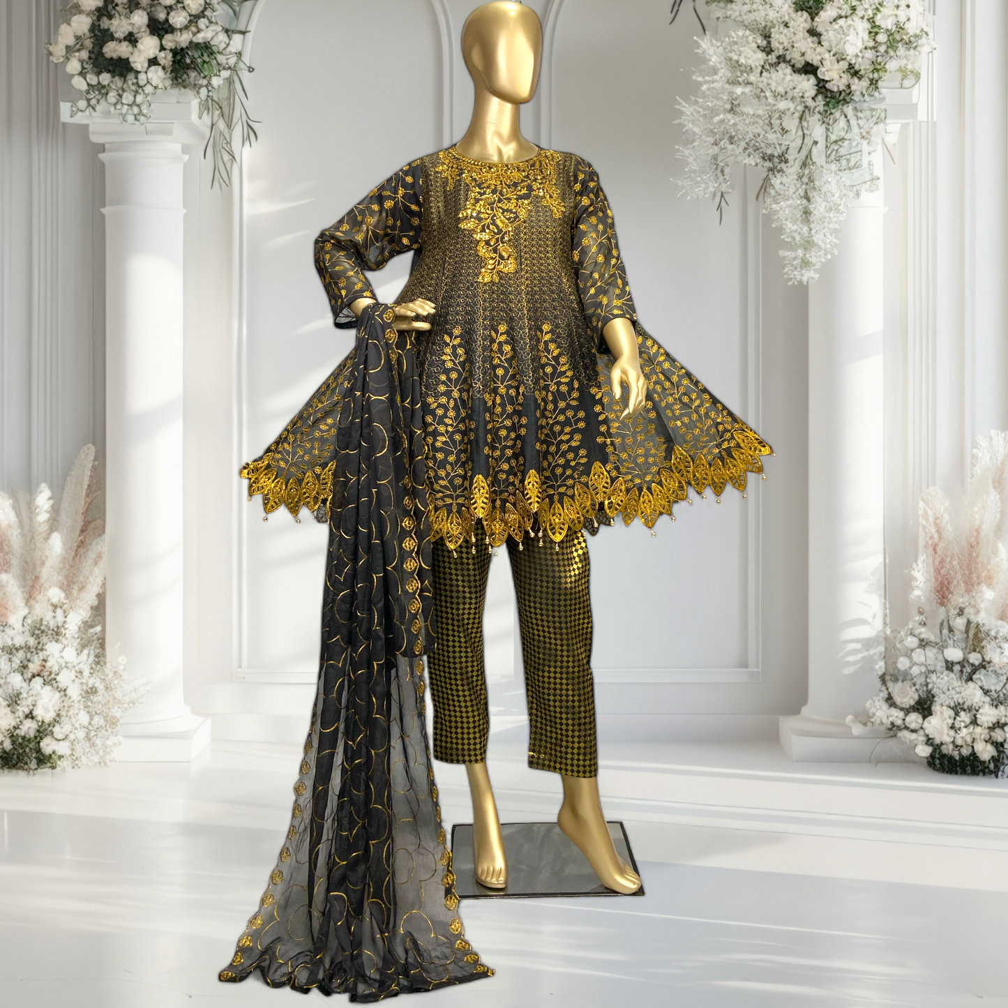 Exquisite 3 piece Chiffon Shirt with Banarsi Trousers & Chiffon Dupatta MMG-758