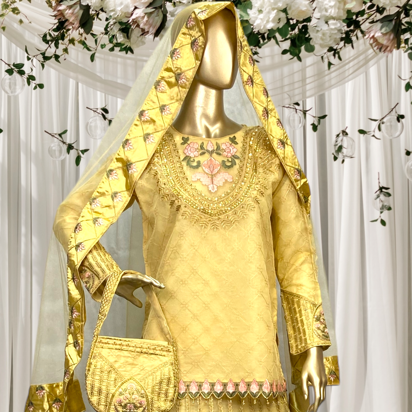 Elegant 3-Piece Organza Sharara Set with Net Dupatta MMG-781