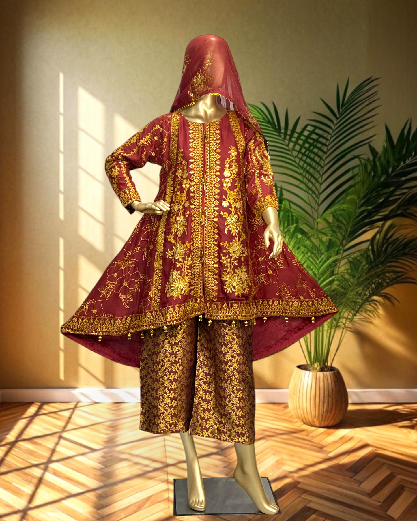 Elegant Tail Style Chiffon Frock with Mesori Embroidered Dupatta & Banarasi Trouser MMG-784