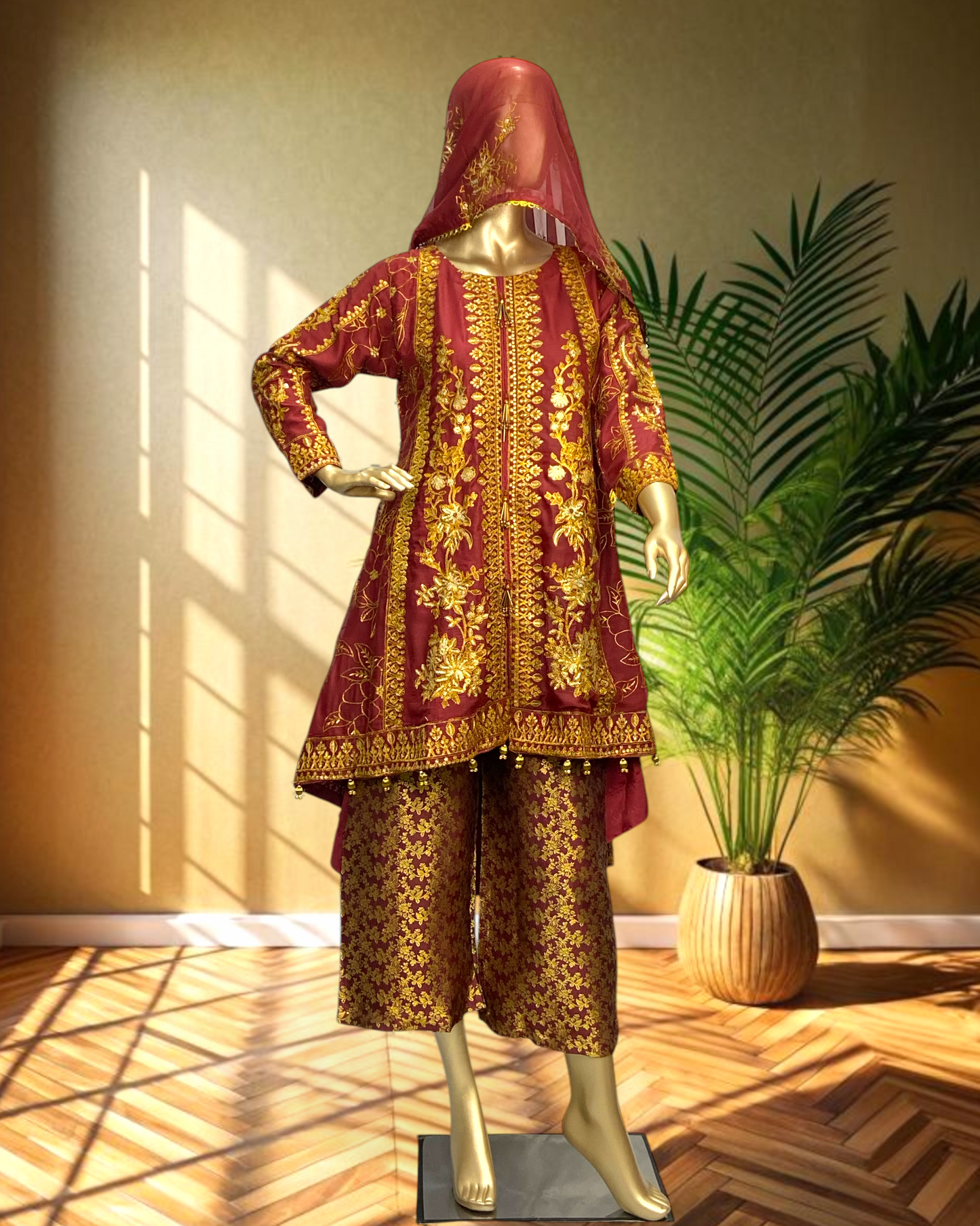 Elegant Tail Style Chiffon Frock with Mesori Embroidered Dupatta & Banarasi Trouser MMG-784