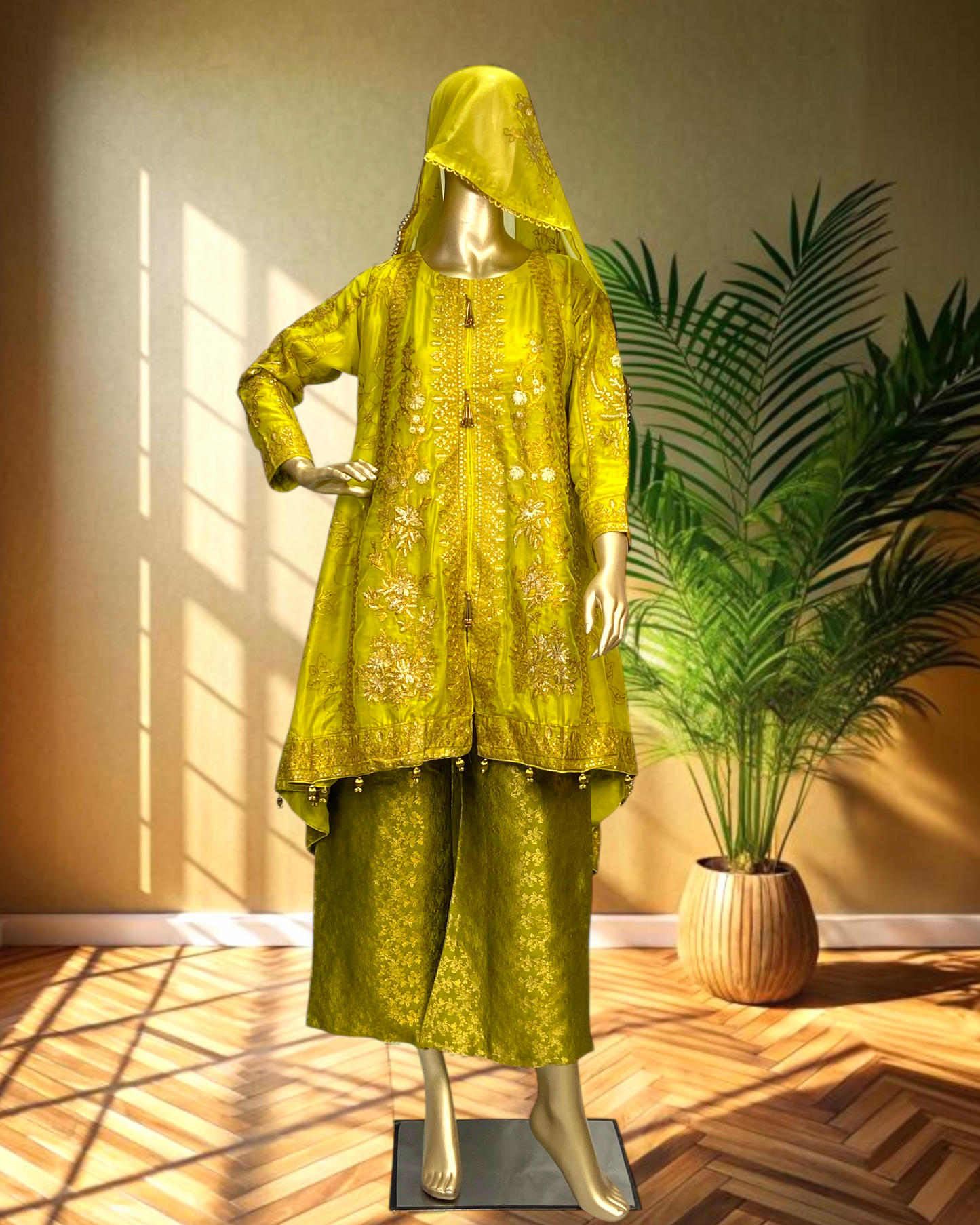 Elegant Tail Style Chiffon Frock with Mesori Embroidered Dupatta & Banarasi Trouser MMG-784