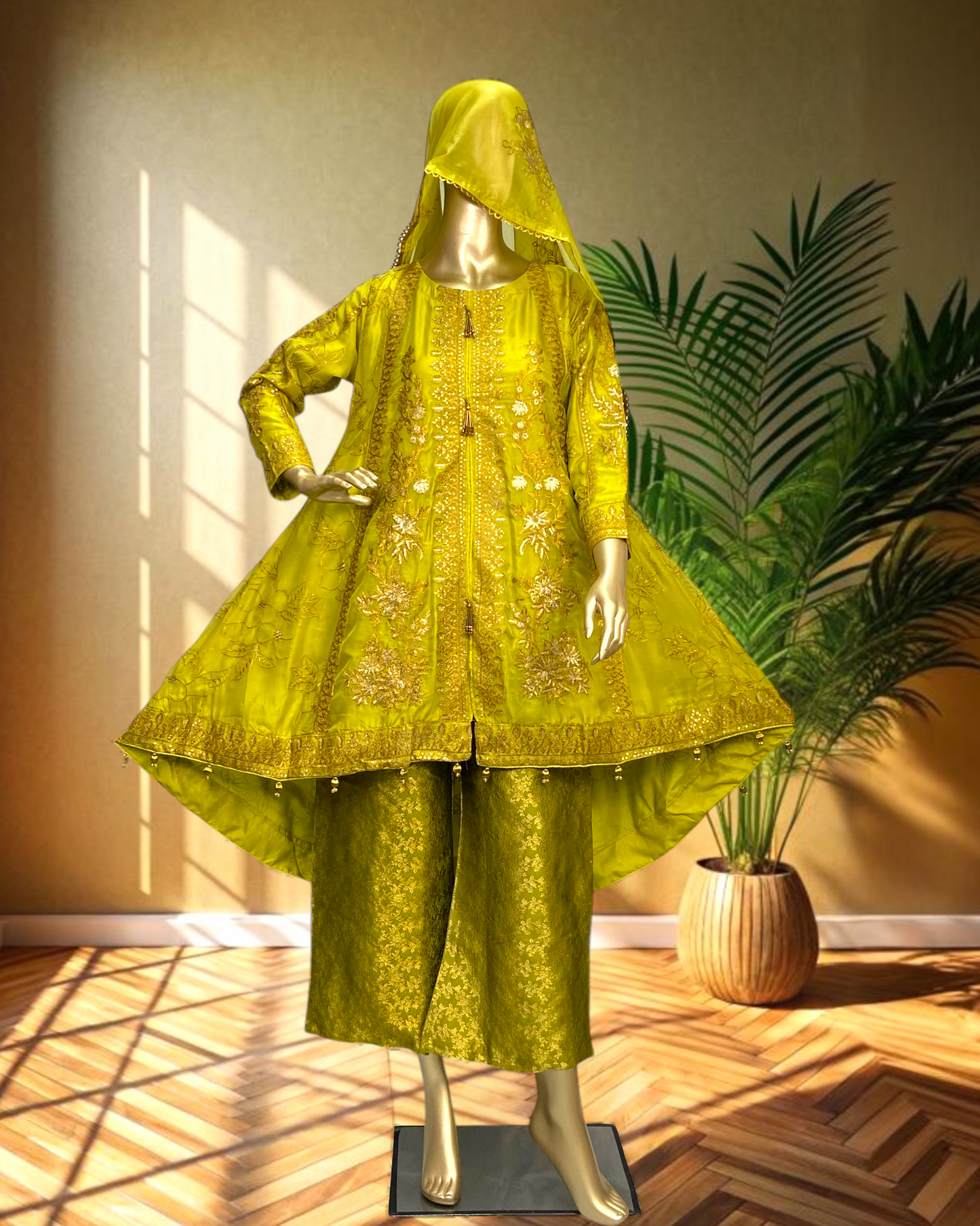 Elegant Tail Style Chiffon Frock with Mesori Embroidered Dupatta & Banarasi Trouser MMG-784