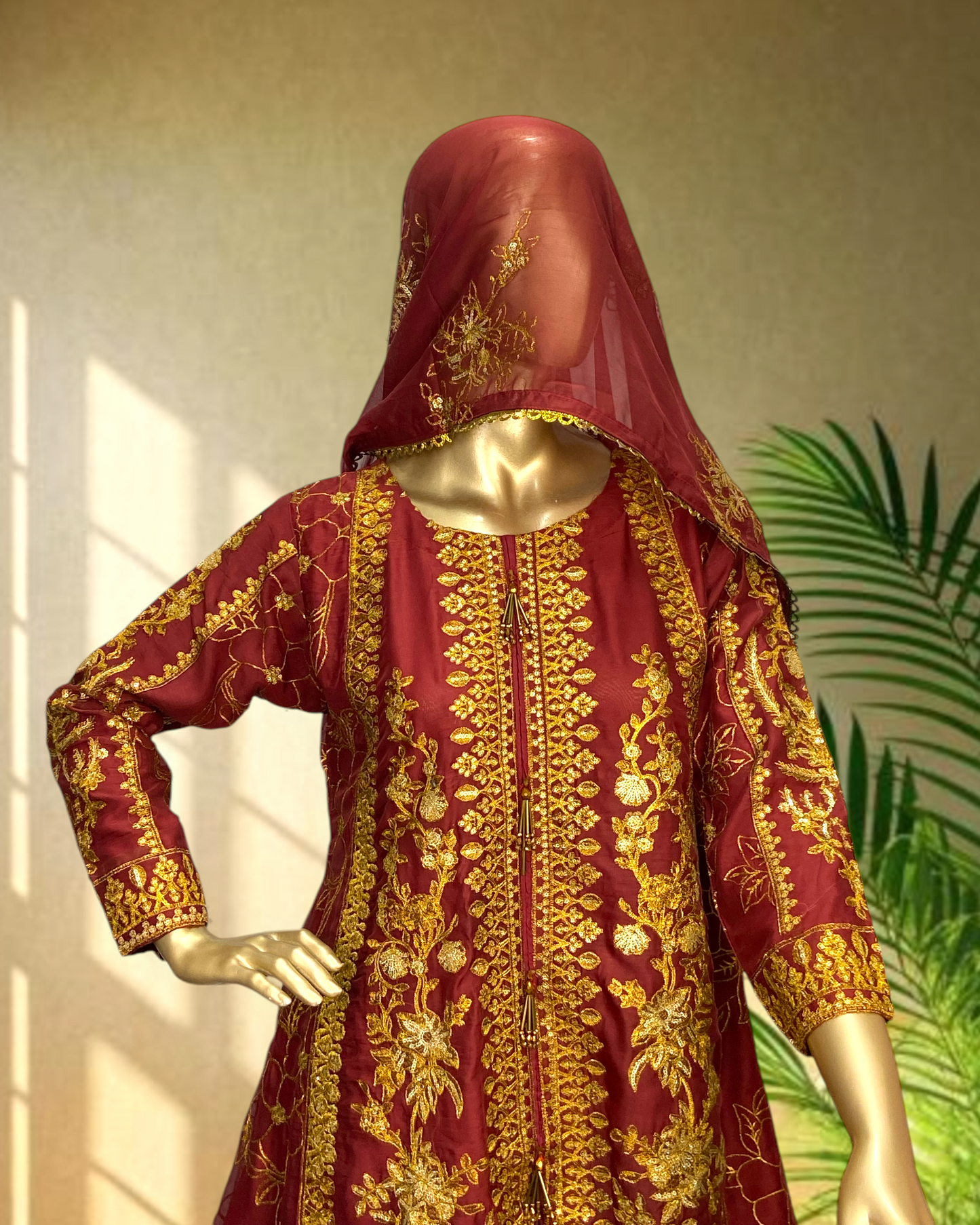 Elegant Tail Style Chiffon Frock with Mesori Embroidered Dupatta & Banarasi Trouser MMG-784