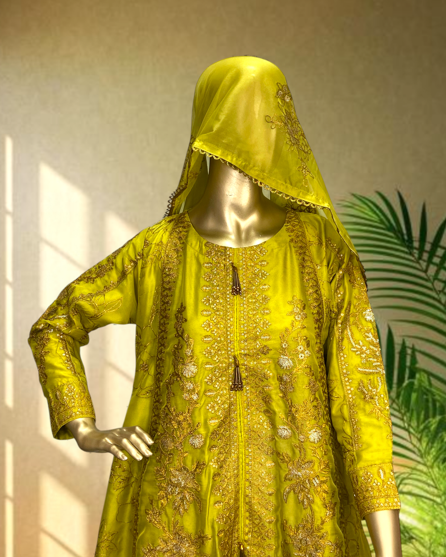 Elegant Tail Style Chiffon Frock with Mesori Embroidered Dupatta & Banarasi Trouser MMG-784