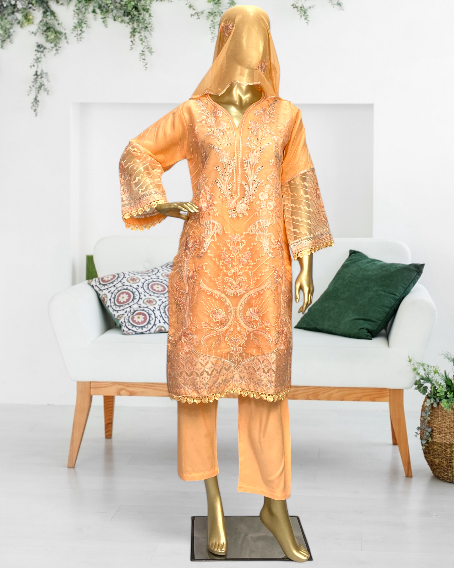 Elegant 3-Piece Organza Suit with Embroidered Crinkle Dupatta MMG-819