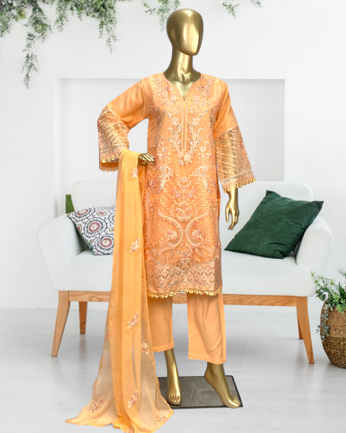 Elegant 3-Piece Organza Suit with Embroidered Crinkle Dupatta MMG-819