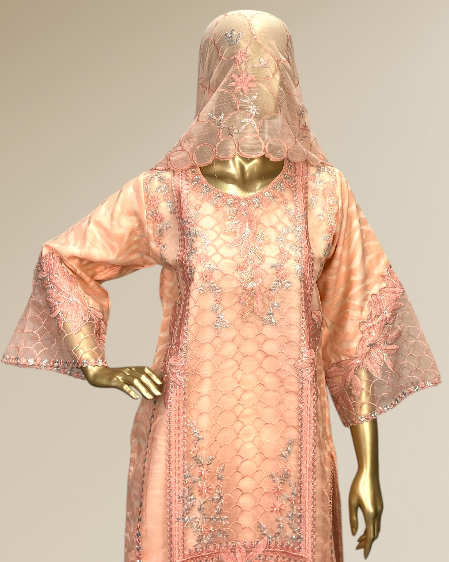 Premium Poly Jacquard Embroidred 3-Piece Suit with Crinkle Chiffon Dupatta & Soft Malai Trouser MMG-846