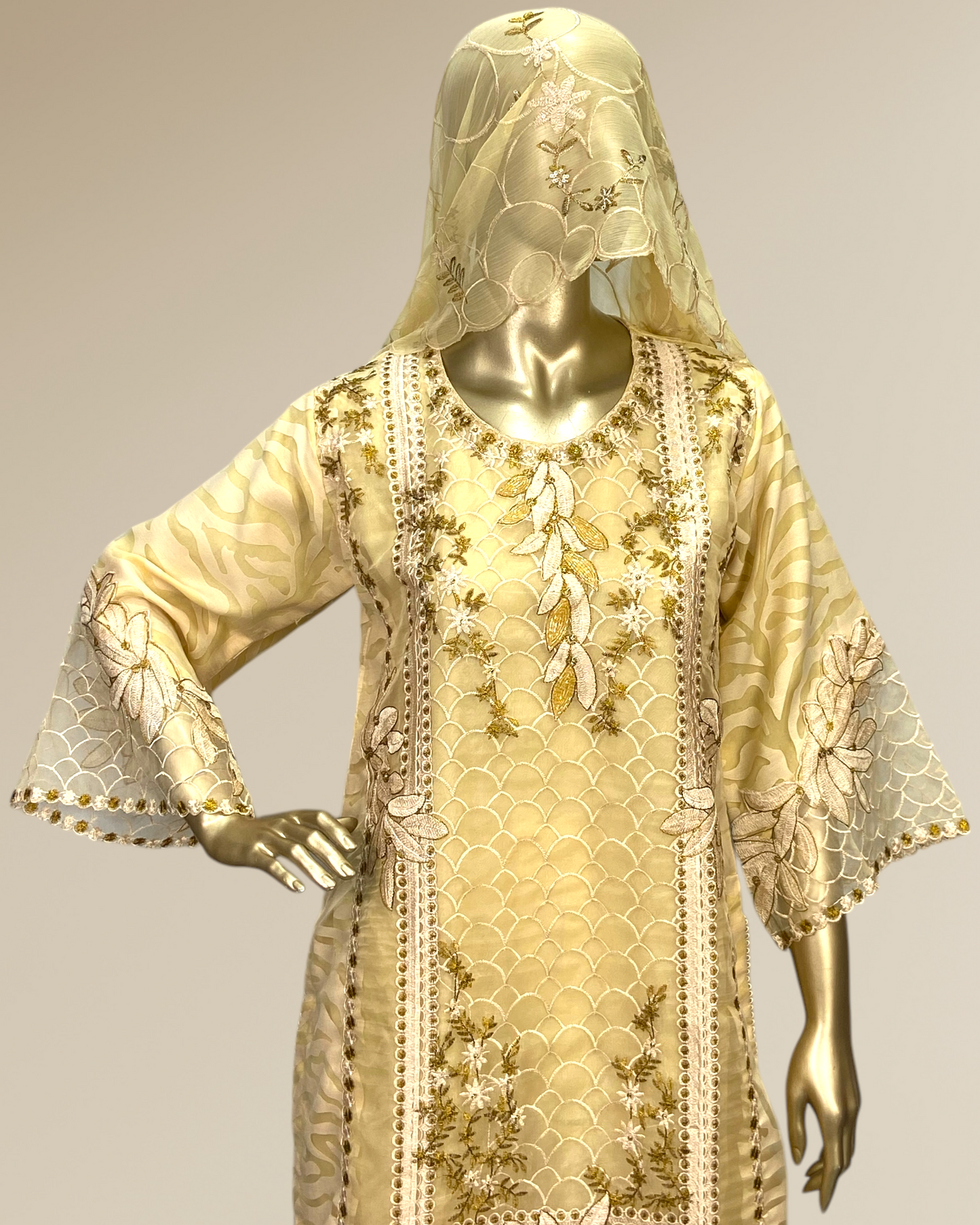 Premium Poly Jacquard Embroidred 3-Piece Suit with Crinkle Chiffon Dupatta & Soft Malai Trouser MMG-846