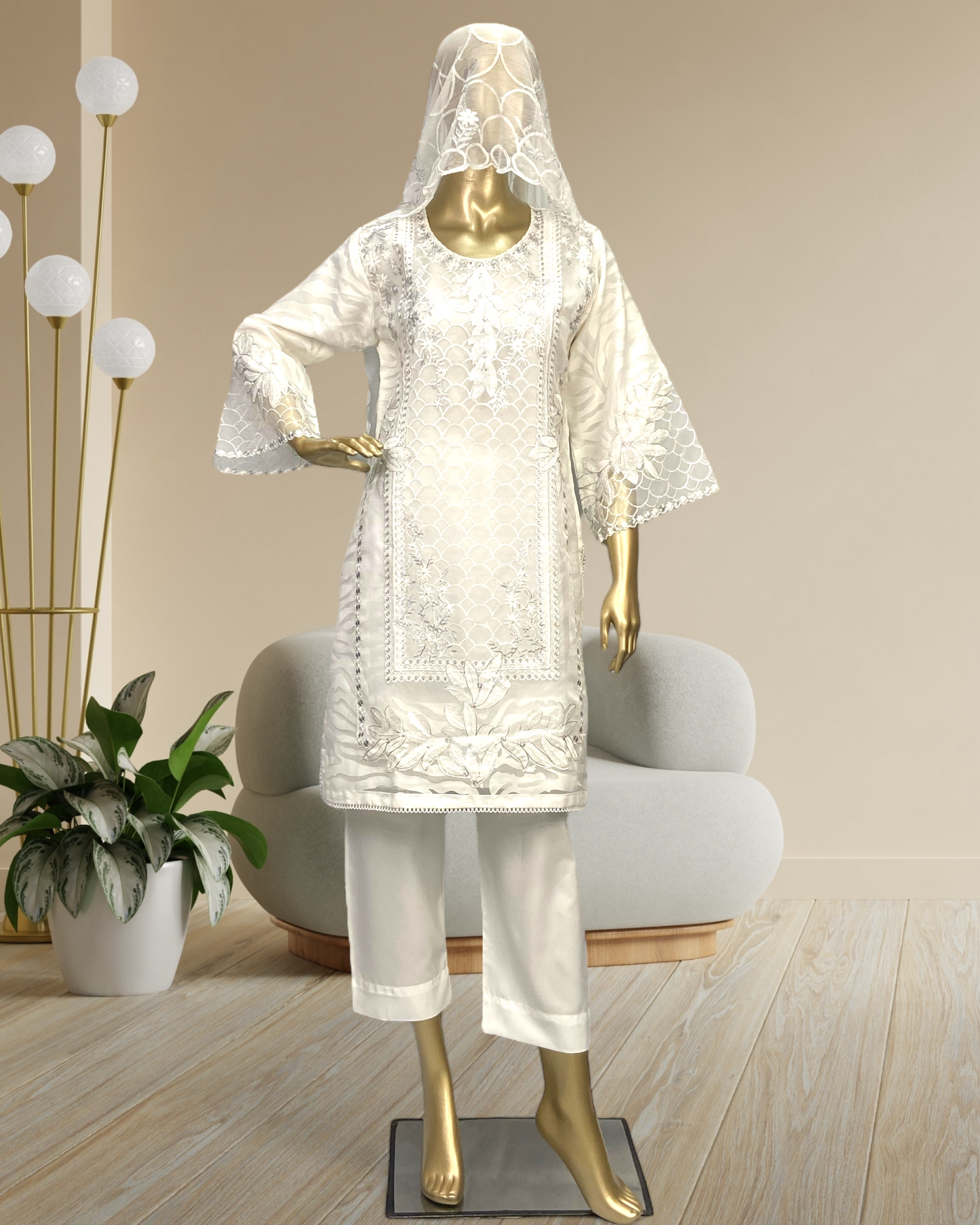 Premium Poly Jacquard Embroidred 3-Piece Suit with Crinkle Chiffon Dupatta & Soft Malai Trouser MMG-846