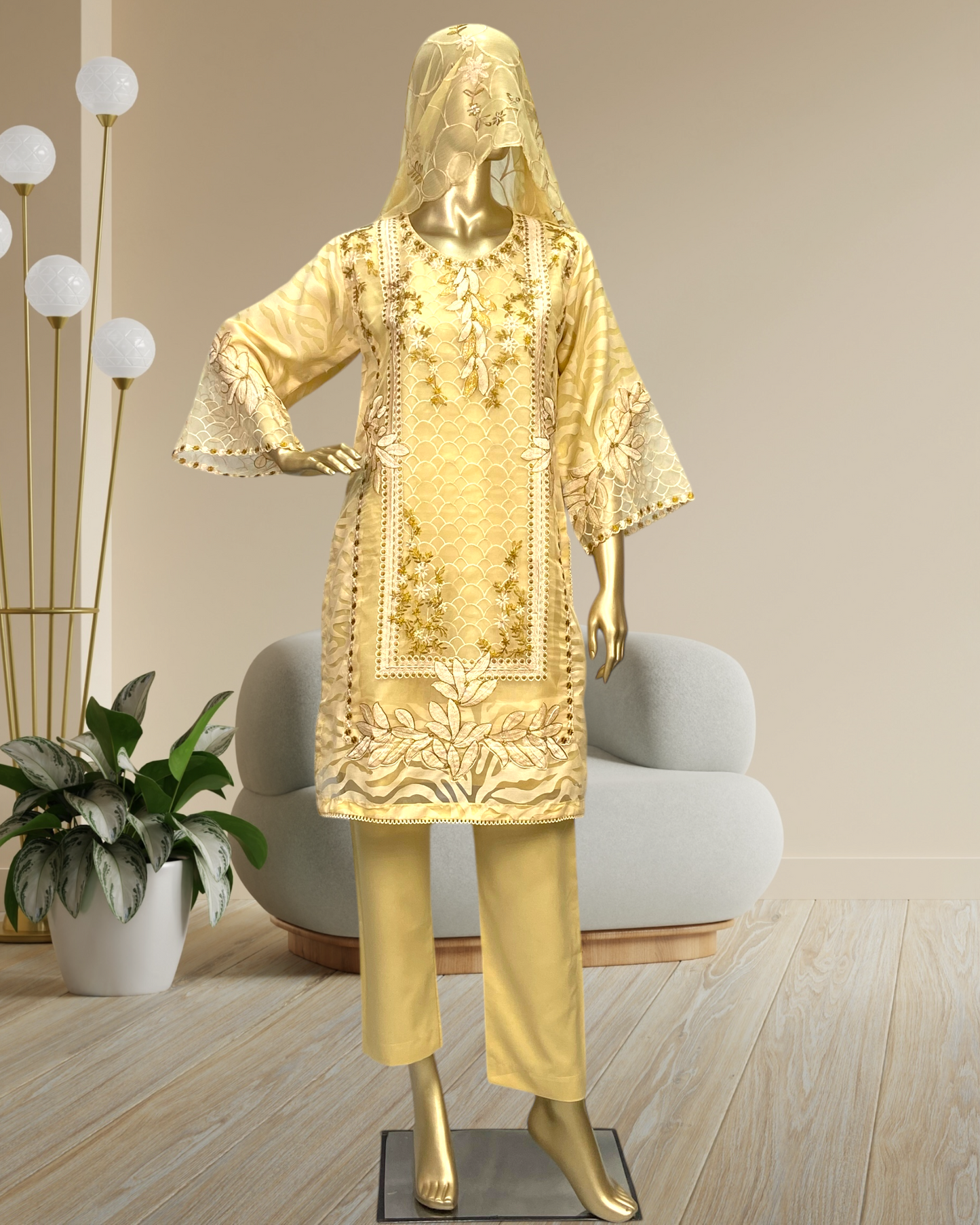 Premium Poly Jacquard Embroidred 3-Piece Suit with Crinkle Chiffon Dupatta & Soft Malai Trouser MMG-846