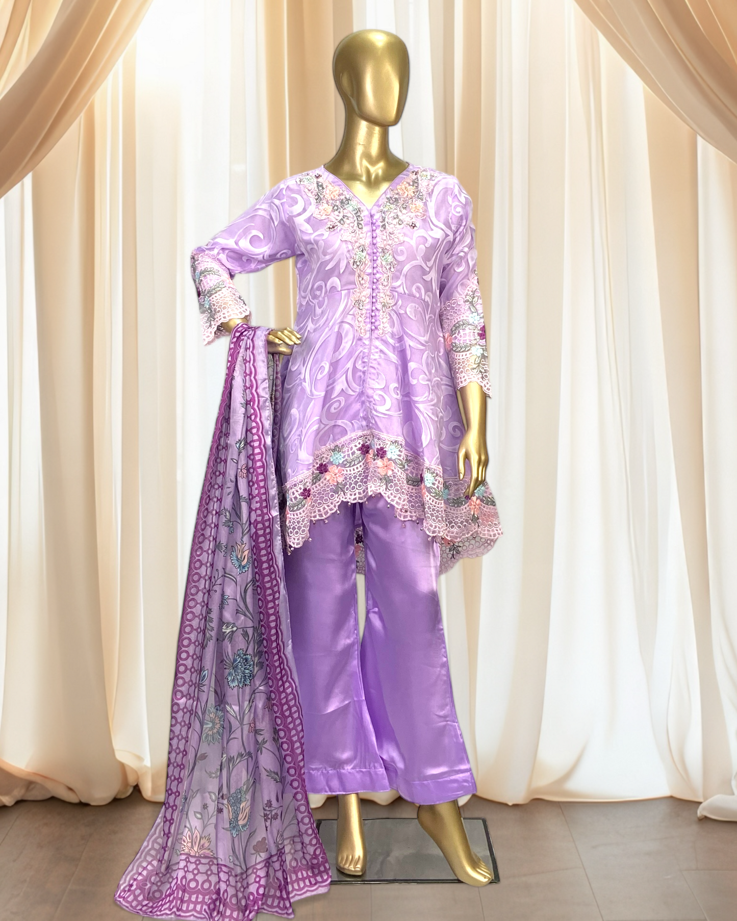 Elegant 3-Piece Tissue Suit with Printed Silk Dupatta & Short Silk Trousers MMG-835