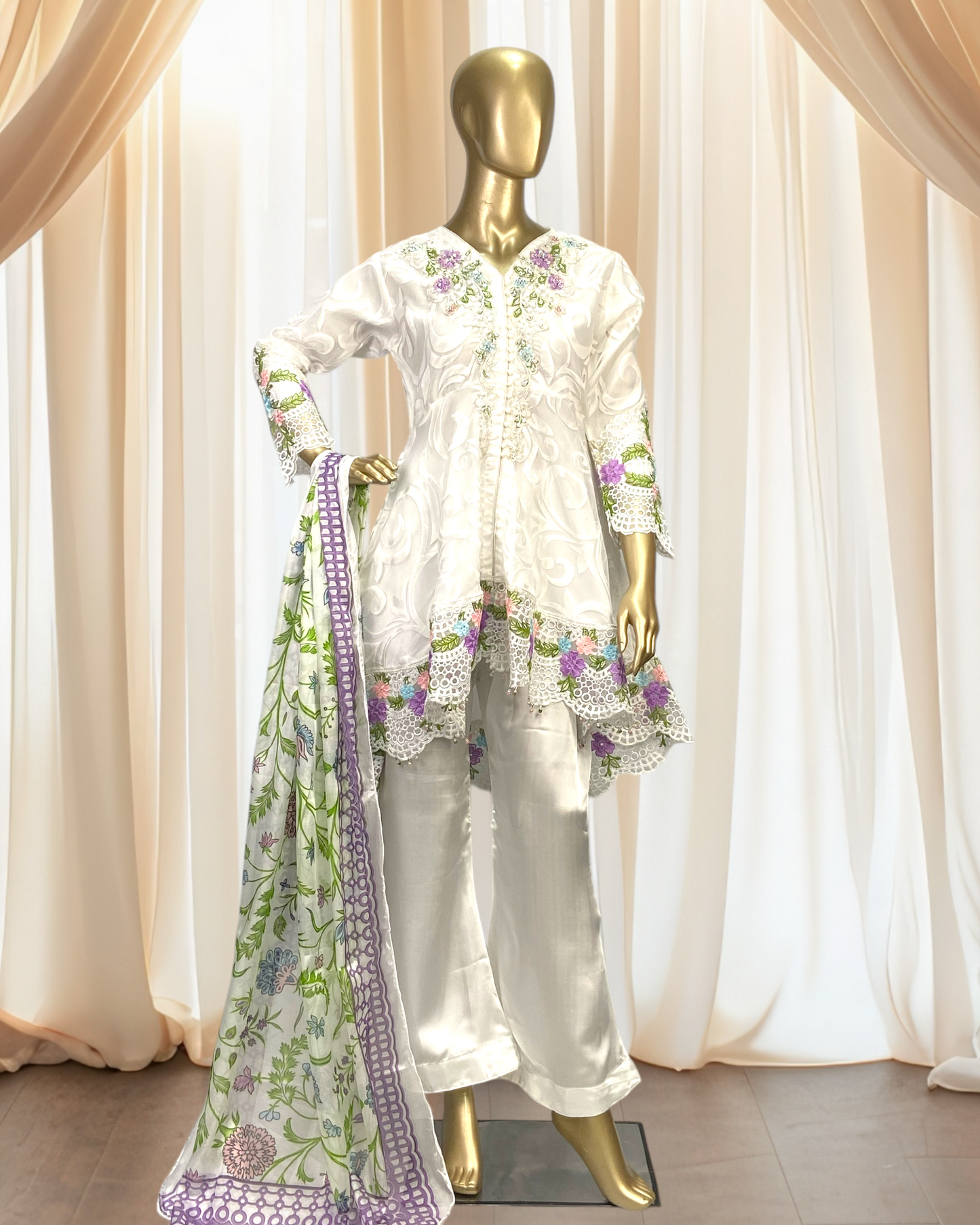 Elegant 3-Piece Tissue Suit with Printed Silk Dupatta & Short Silk Trousers MMG-835