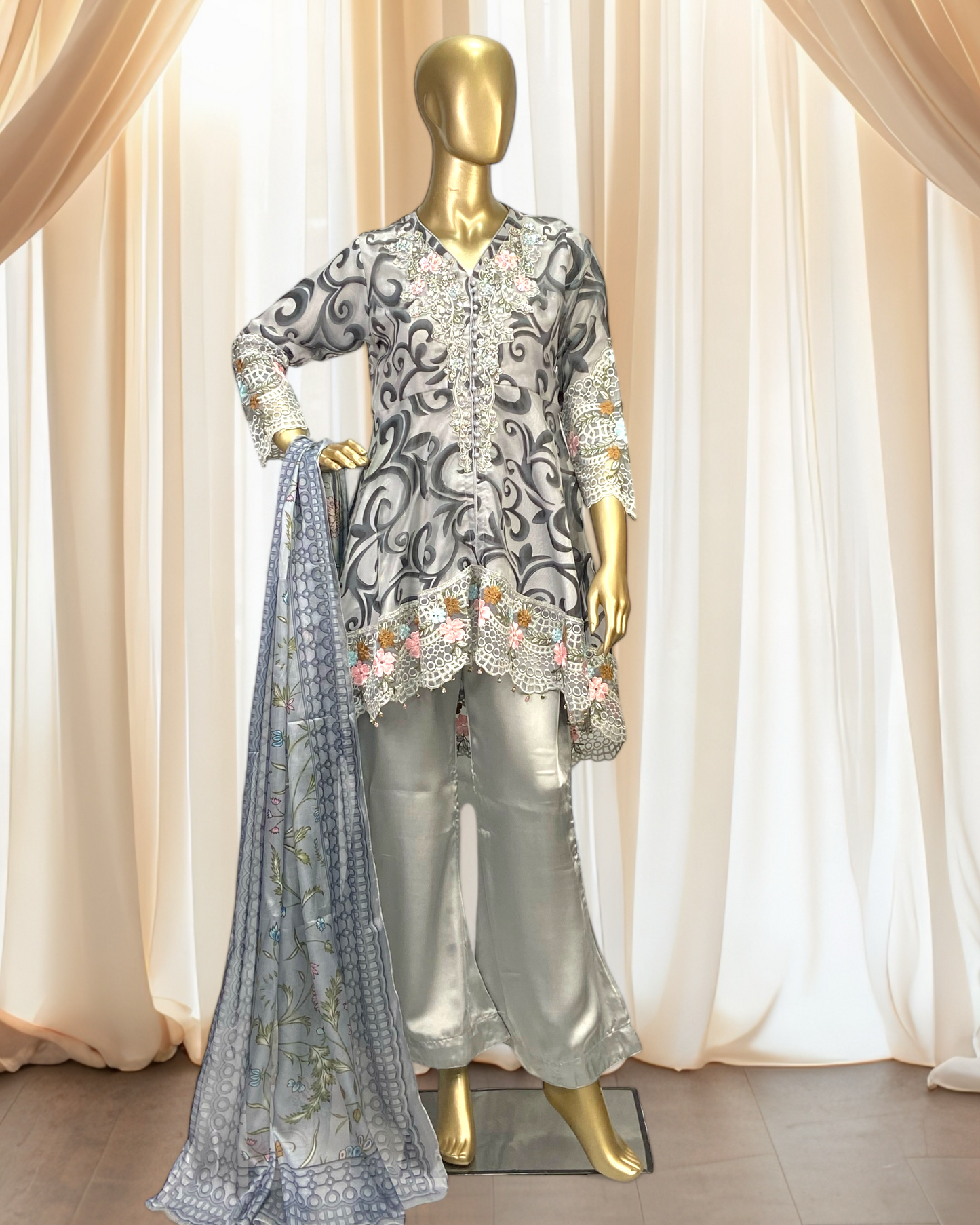 Elegant 3-Piece Tissue Suit with Printed Silk Dupatta & Short Silk Trousers MMG-835
