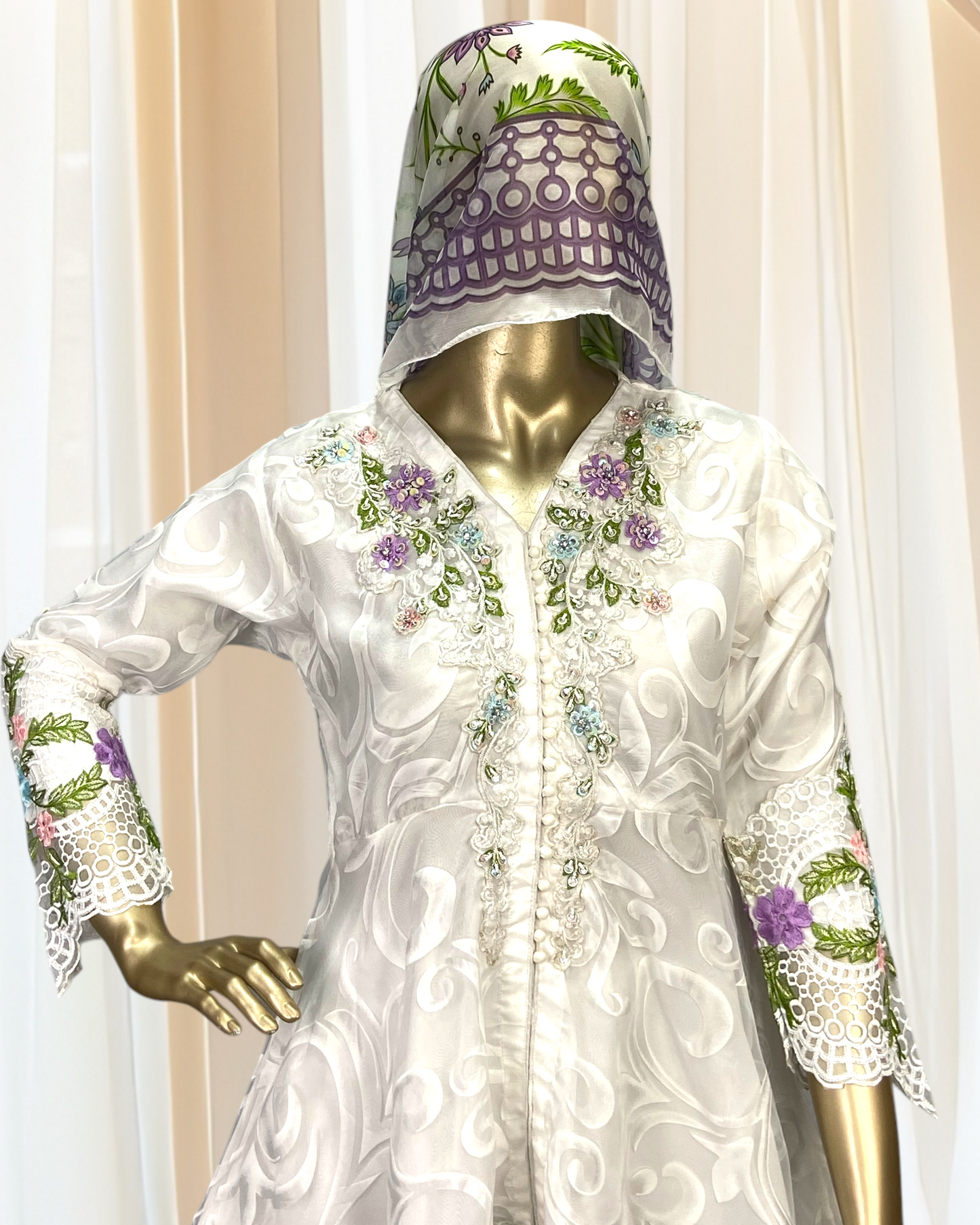 Elegant 3-Piece Tissue Suit with Printed Silk Dupatta & Short Silk Trousers MMG-835