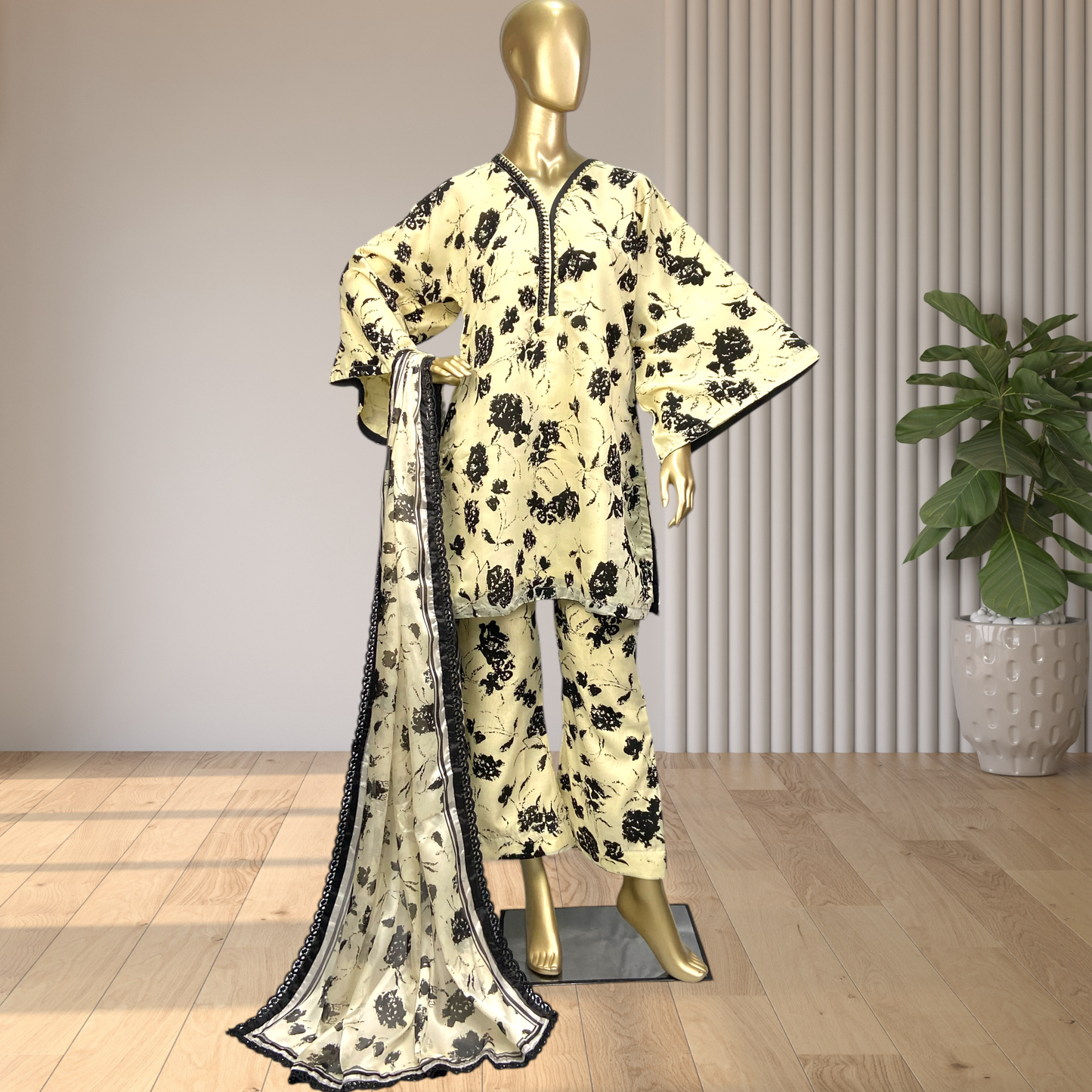Elegant Cotton Polyester Suit with Printed Silk Dupatta & Lace Detailing